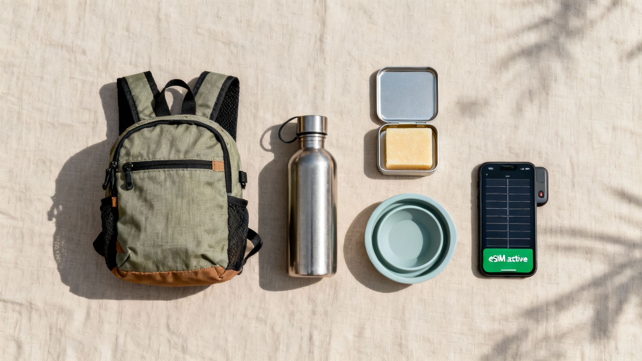 Overhead shot of eco-friendly travel gear including a backpack, reusable water bottle, solid soap, and a phone, highlighting sustainable tourism essentials for low-impact travel.