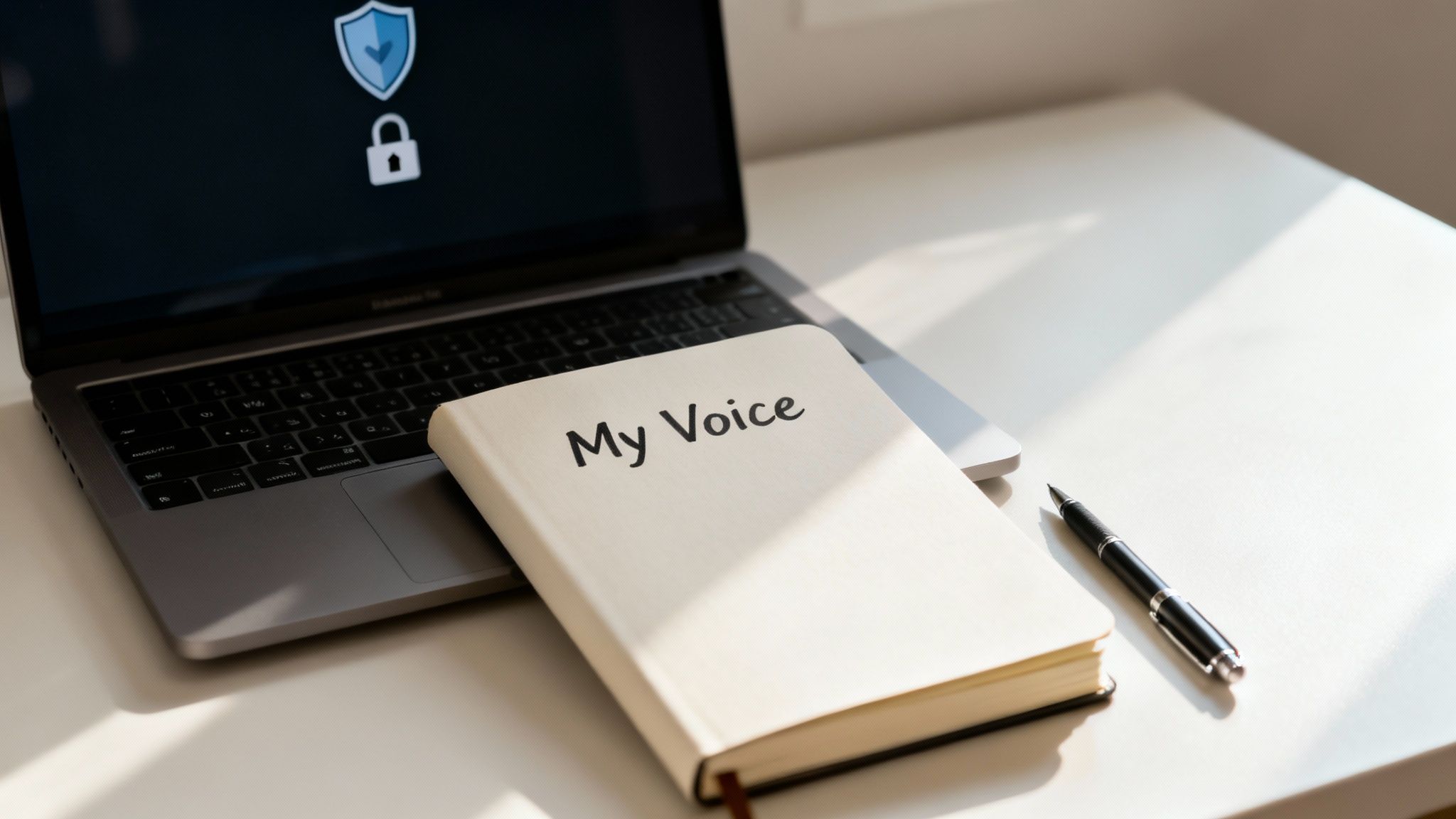 How to use AI for writing: a laptop with security shield and padlock icons beside a “My Voice” notebook and pen on a desk.