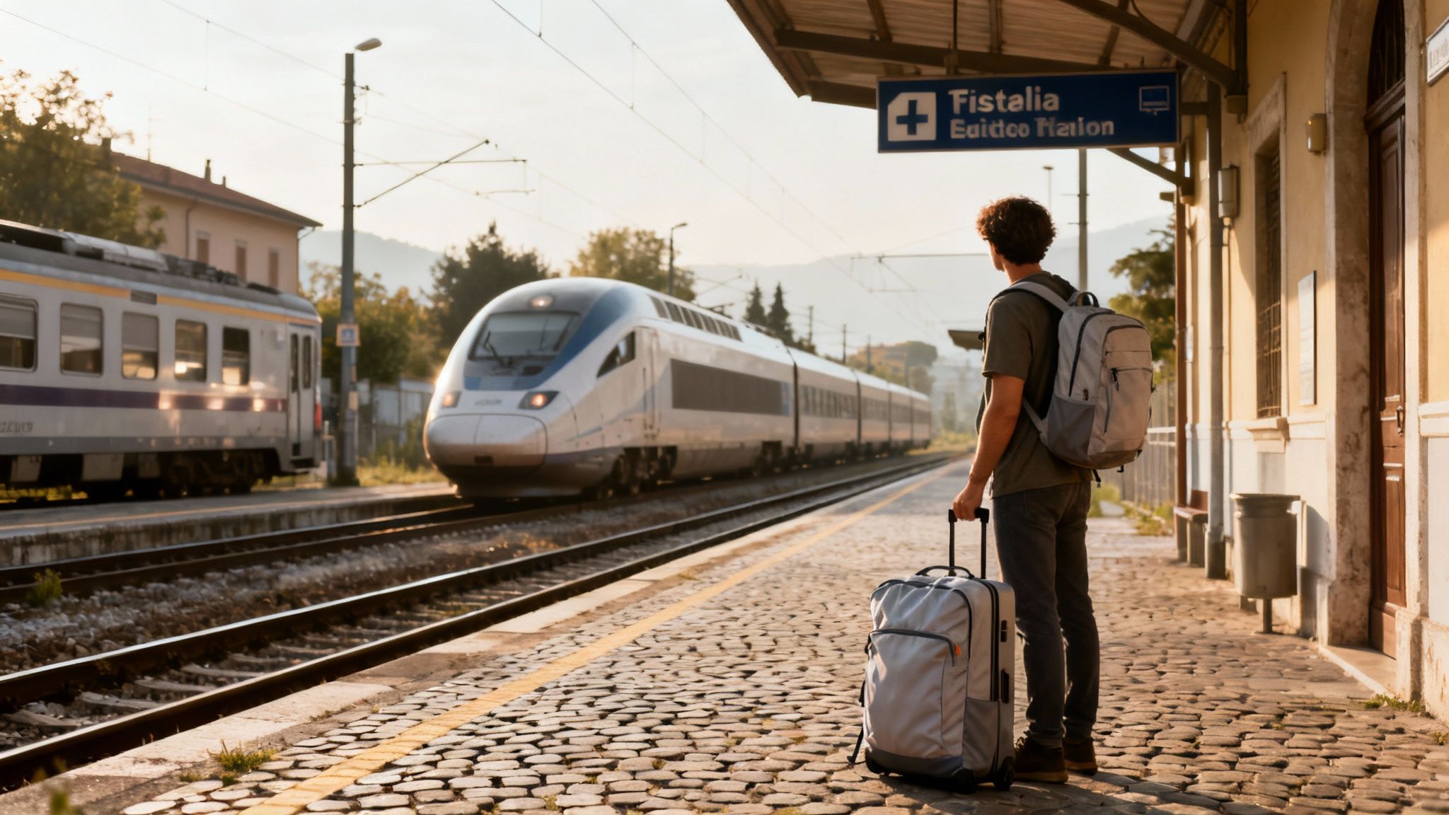 Trip to Italy cost planning: a traveler with luggage stands on a cobblestone platform as a modern train arrives at Fistalia station.