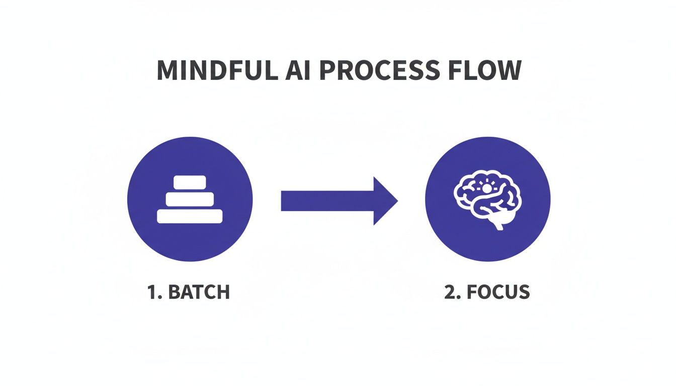 A diagram illustrating a mindful approach for how to use AI for productivity, showing a transition from batch processing to focused AI application.