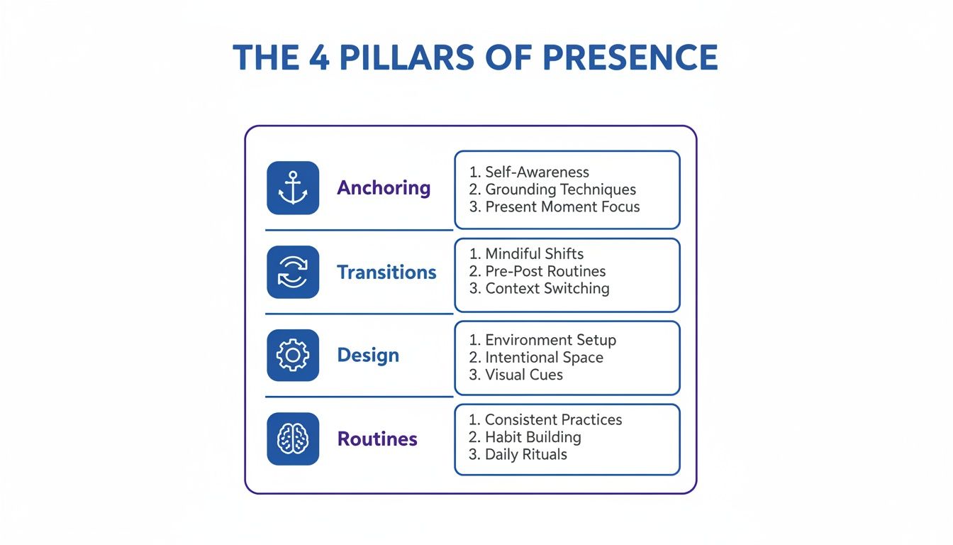 An infographic detailing the four pillars of how to be present: Anchoring, Transitions, Design, and Routines, with their respective components.