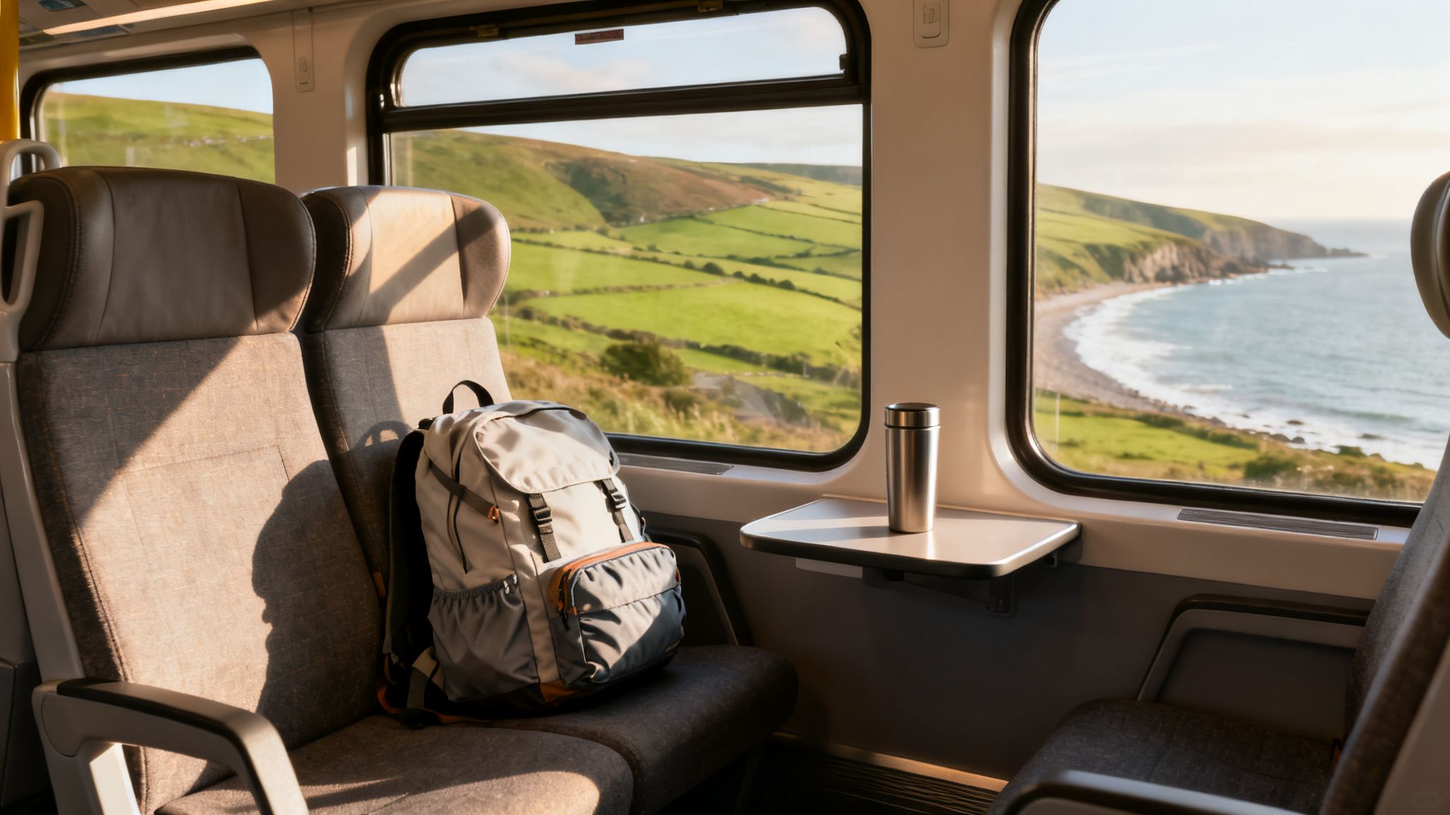 Scenic Irish coastal train ride past rolling green hills and a sandy beach, with a traveler’s backpack in the foreground, showing how much would a trip to Ireland cost for a rail-based itinerary.