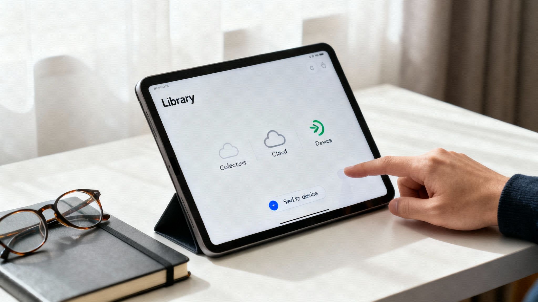 Close-up of a person’s hand selecting “Devices” on a tablet screen while browsing Kindle books on Amazon, with reading glasses resting nearby.