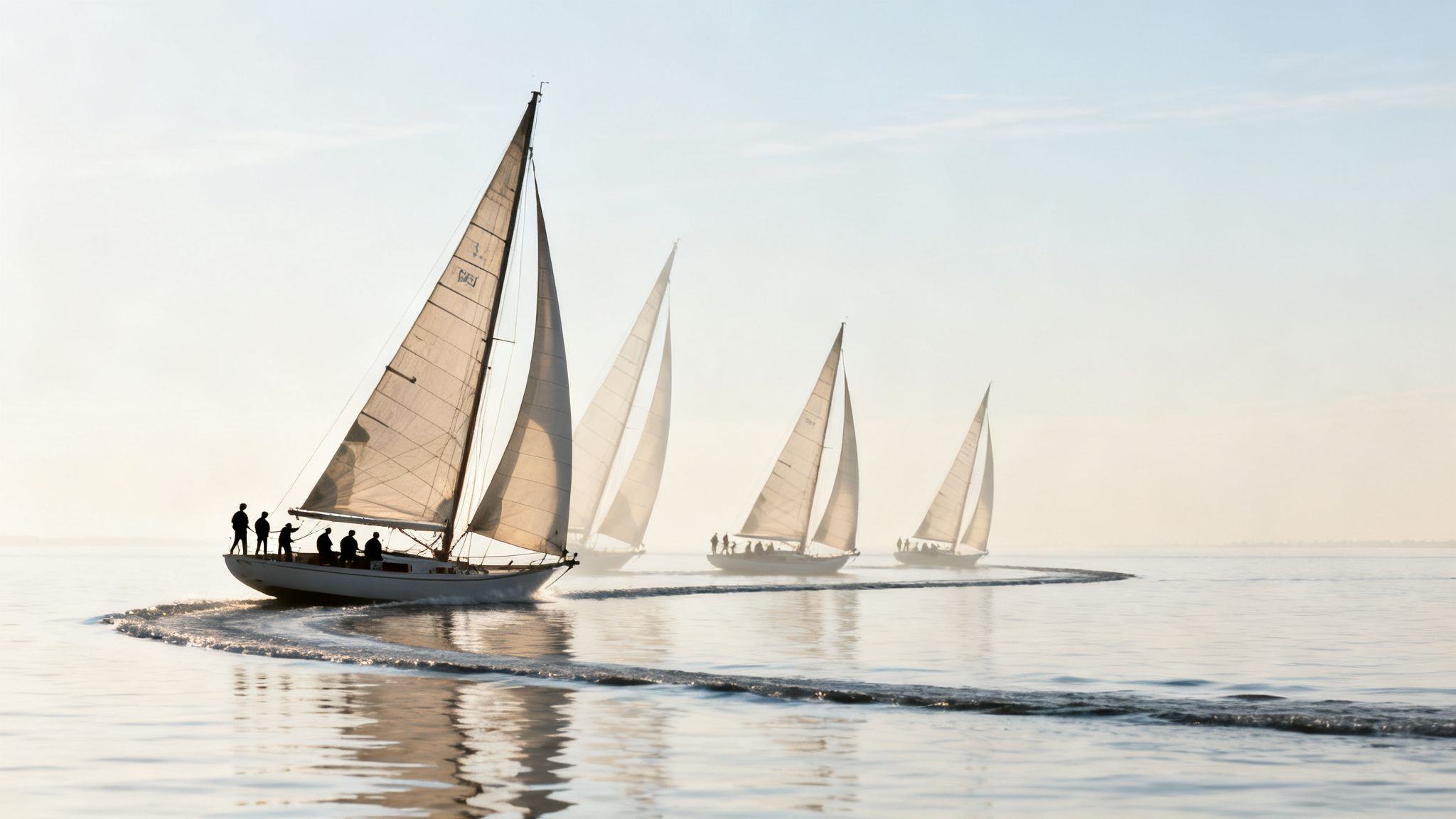 Silhouetted sailboats with crews on board gracefully sailing on calm water under a soft, hazy sky during a practice of sailing against the wind.