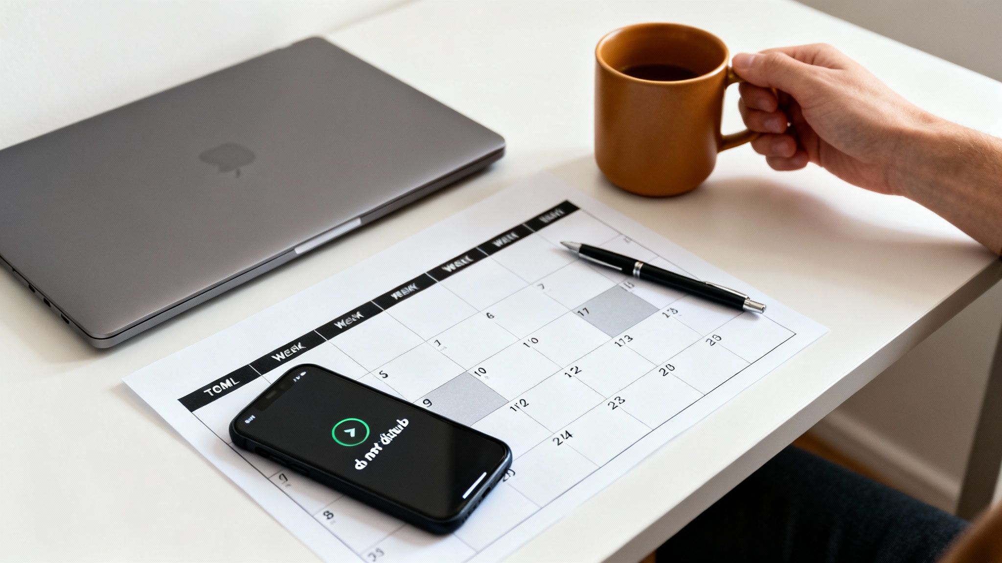 Overhead shot of a person working at a desk with a laptop, calendar, phone, and coffee, learning how to balance life and work.