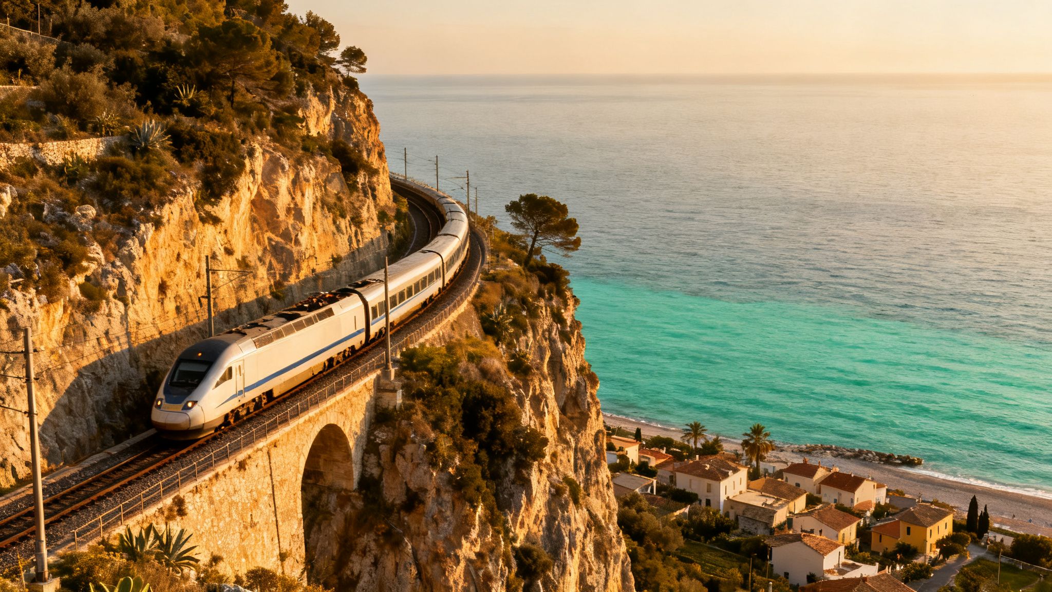 High-speed train on a curved coastal rail line at sunset, with blue sea and hillside homes below—best way to travel europe.