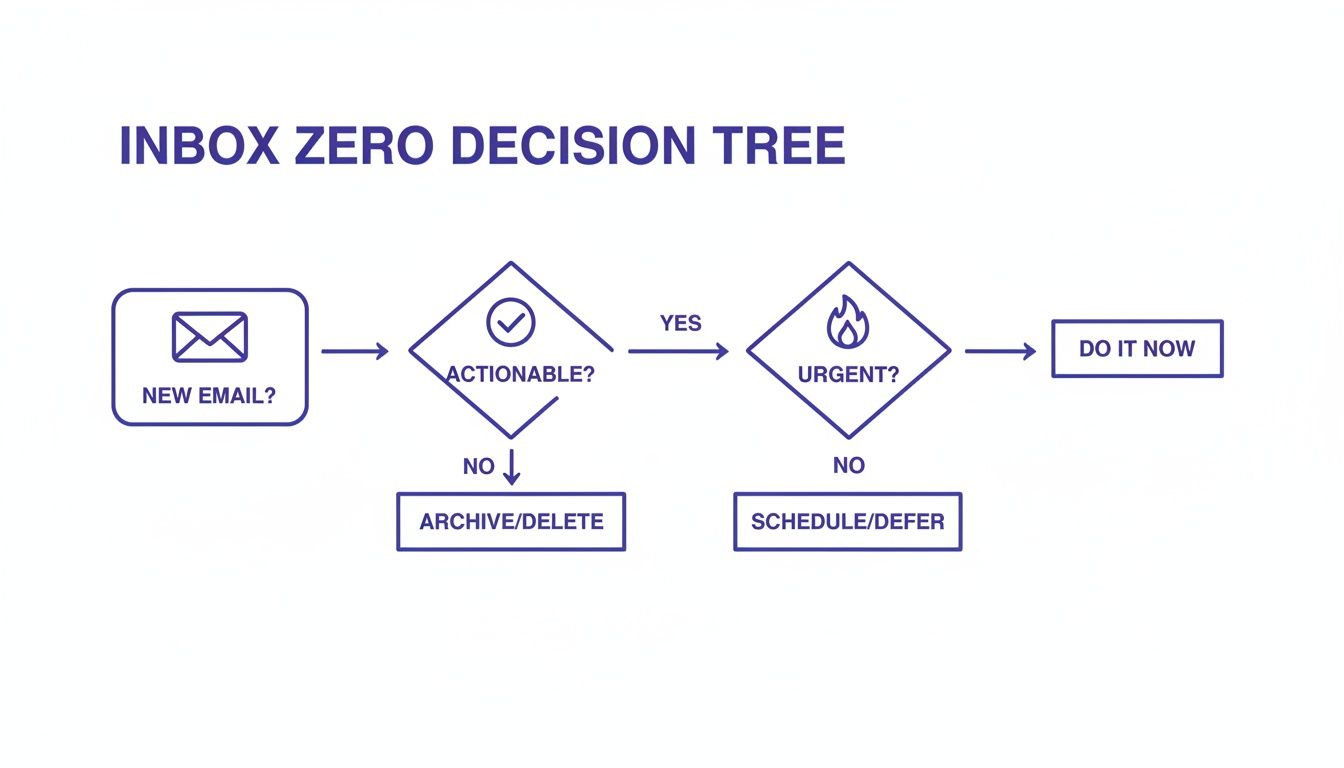 Flowchart illustrating the Inbox Zero decision tree for managing new emails based on actionability and urgency.