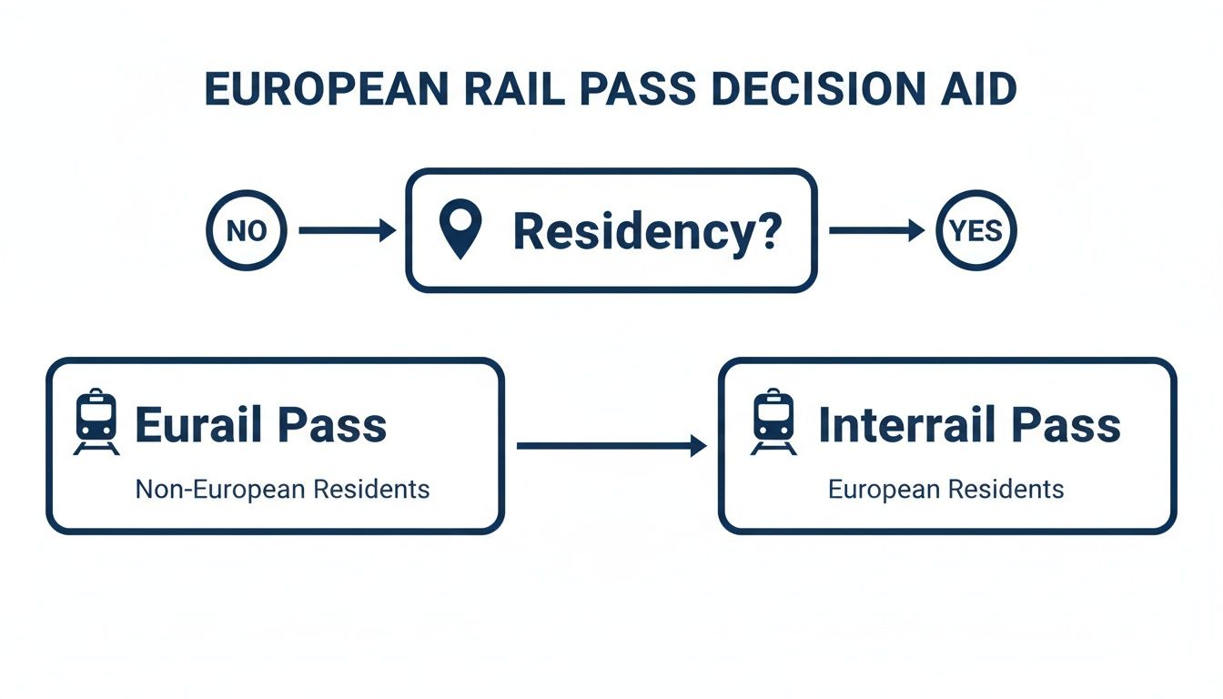 Flowchart for European rail pass decision aid based on residency: Eurail for non-European residents, Interrail for European residents, helping choose the best rail passes for Europe.