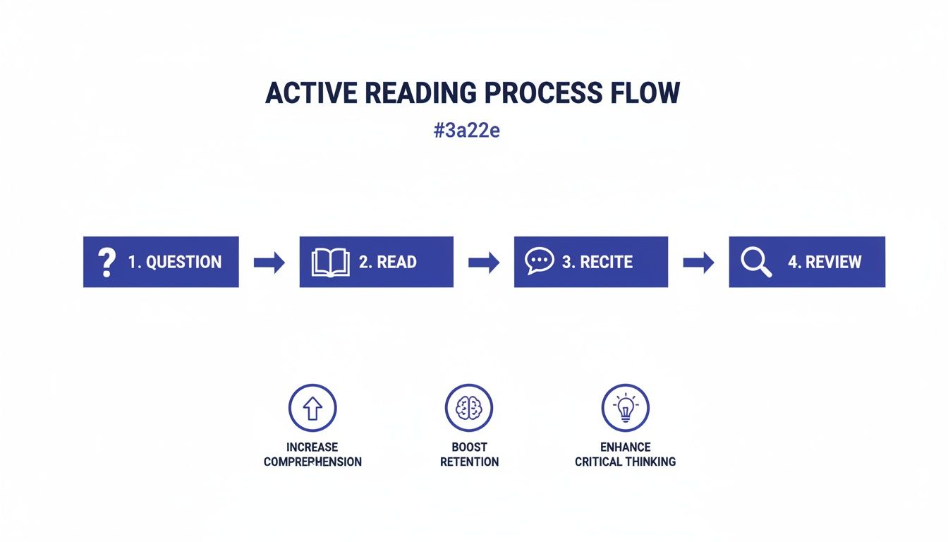Flowchart illustrating the active reading process: Question, Read, Recite, Review, leading to increased comprehension and how to retain what you read.