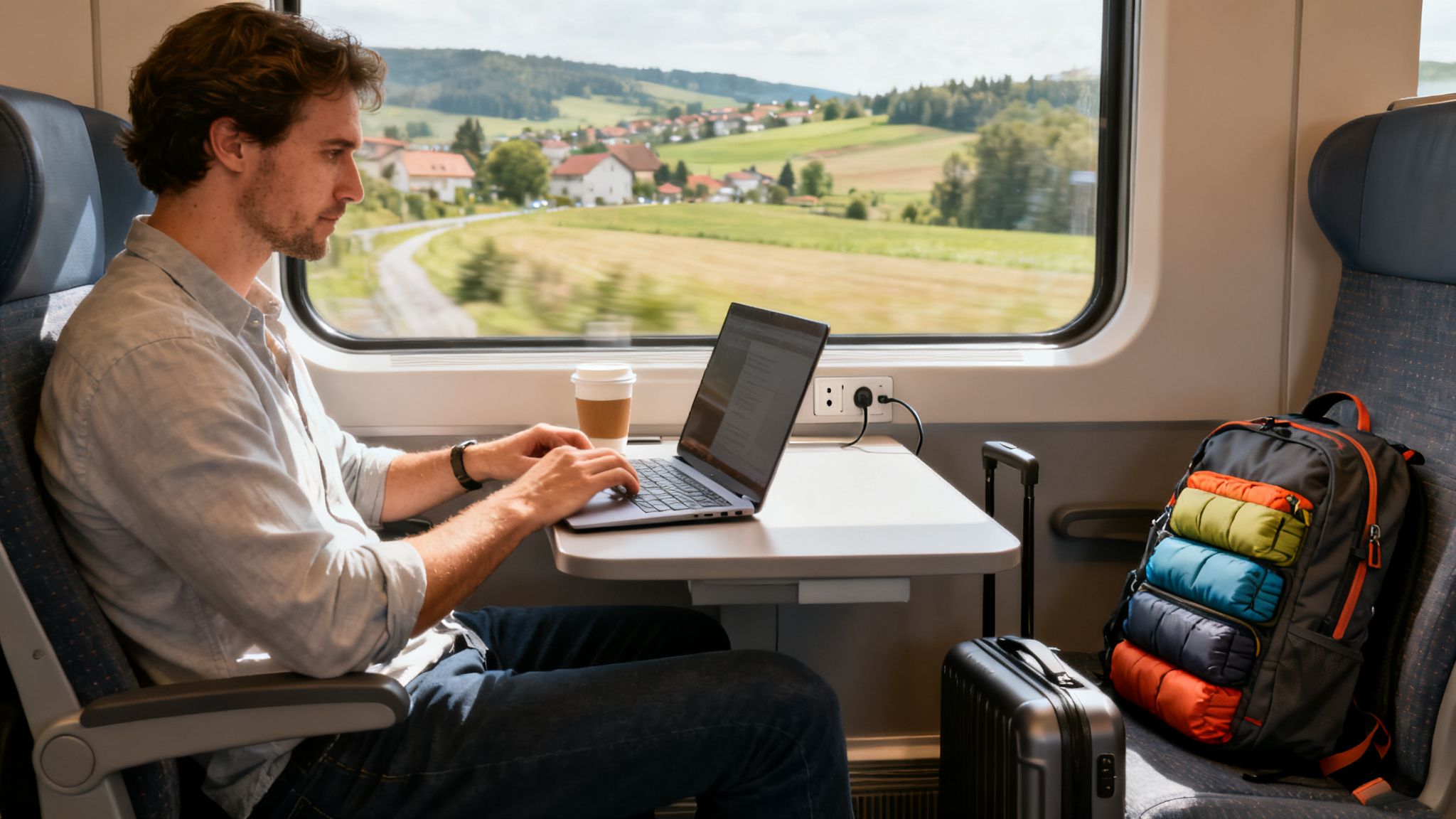 A man works on a laptop inside a train with coffee and luggage, countryside passing outside—best way to travel europe.