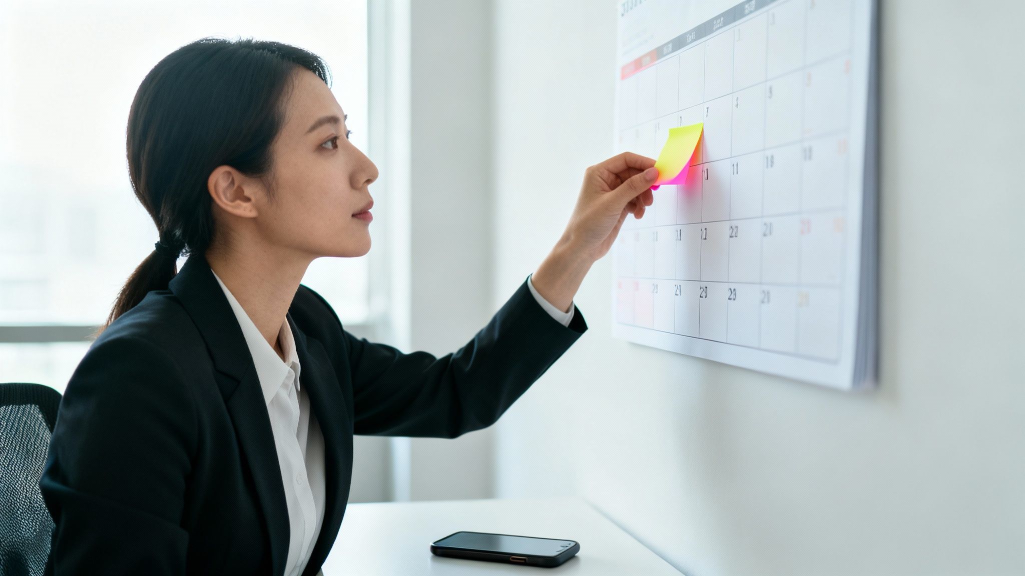 A focused businesswoman places a yellow sticky note on a wall calendar, planning her week and prioritizing recovery habits for **how to avoid burnout at work**.