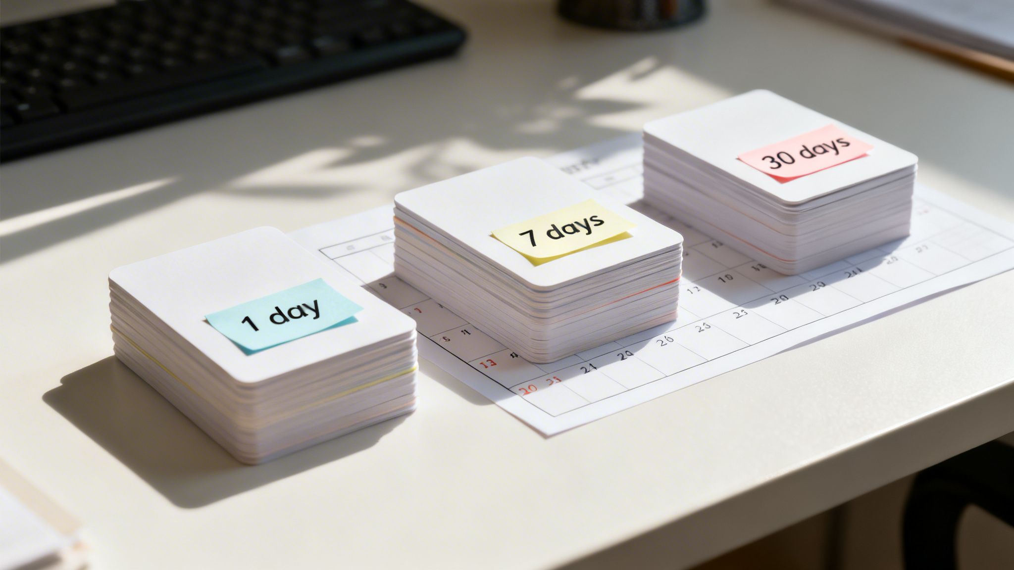 Three stacks of white flashcards on a calendar, labeled '1 day', '7 days', and '30 days', symbolizing spaced repetition for effective note taking from books.
