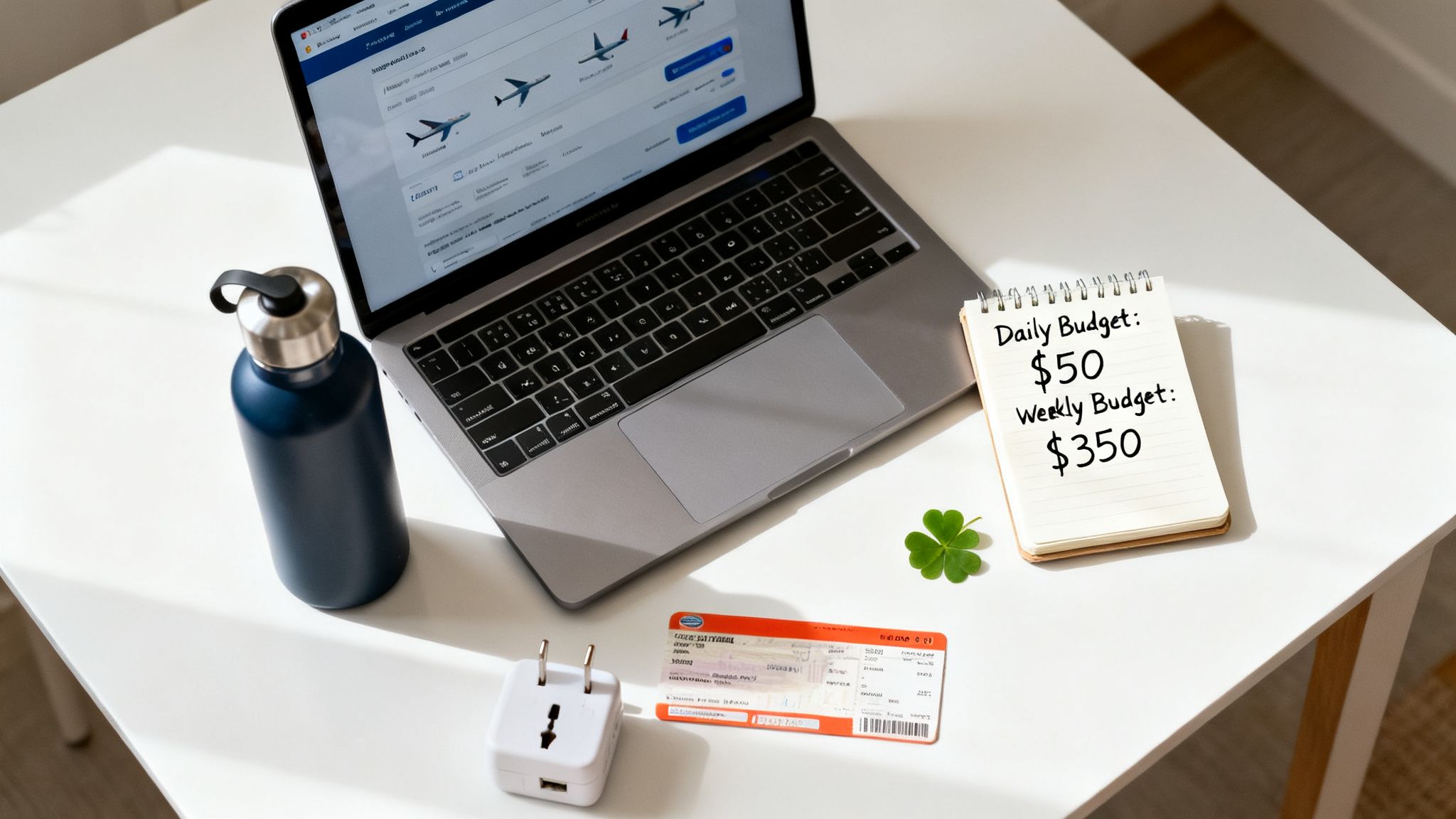 Desk setup with a laptop searching flights, a budget notebook, travel ticket, universal adapter, and reusable water bottle—planning how much would a trip to Ireland cost.