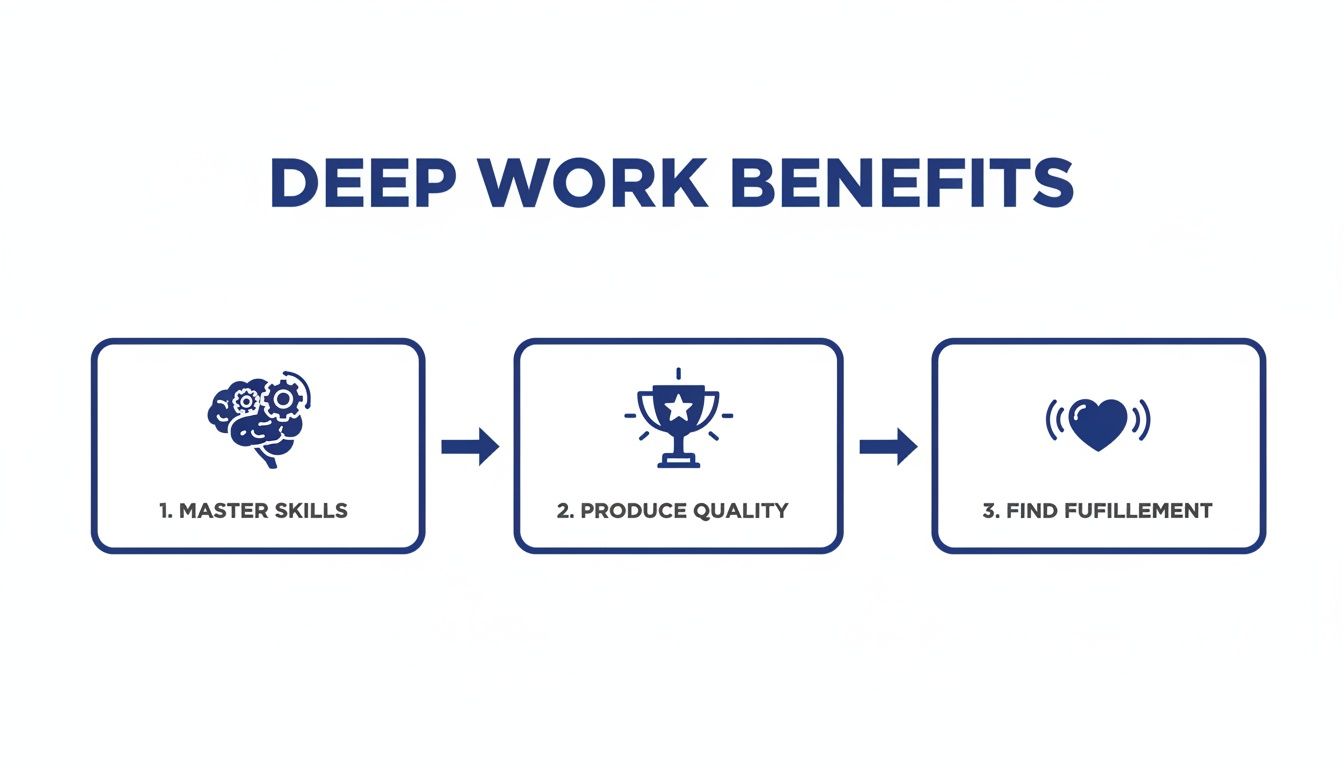 A flowchart illustrating the benefits of deep work: master skills, produce quality, and find fulfillment.