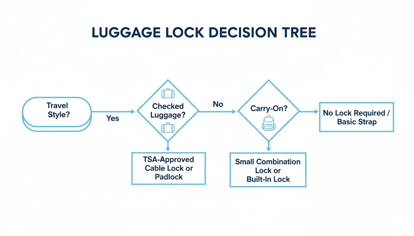 A flowchart titled 'Luggage Lock Decision Tree' guides on choosing locks for checked or carry-on luggage.