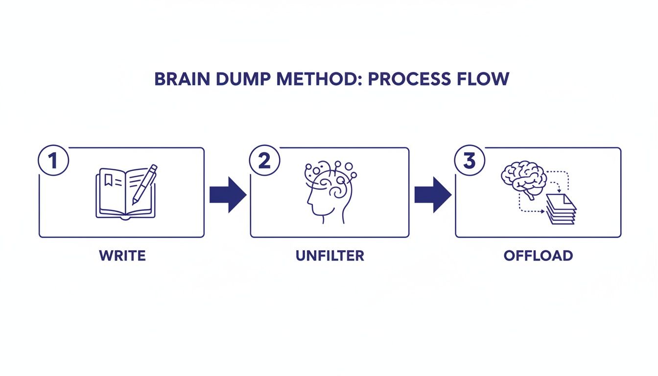 How to organize your thoughts with a three-step Brain Dump Method flow diagram: Write, Unfilter, and Offload.