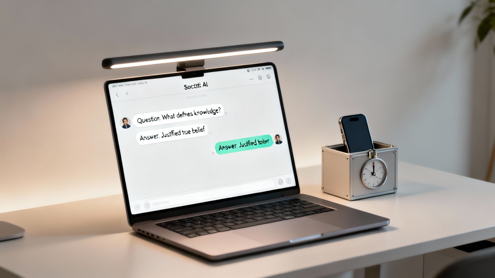 A laptop displaying a chat about the definition of knowledge sits beside a phone and a desk clock, creating a study-focused workspace that supports improving critical thinking skills.