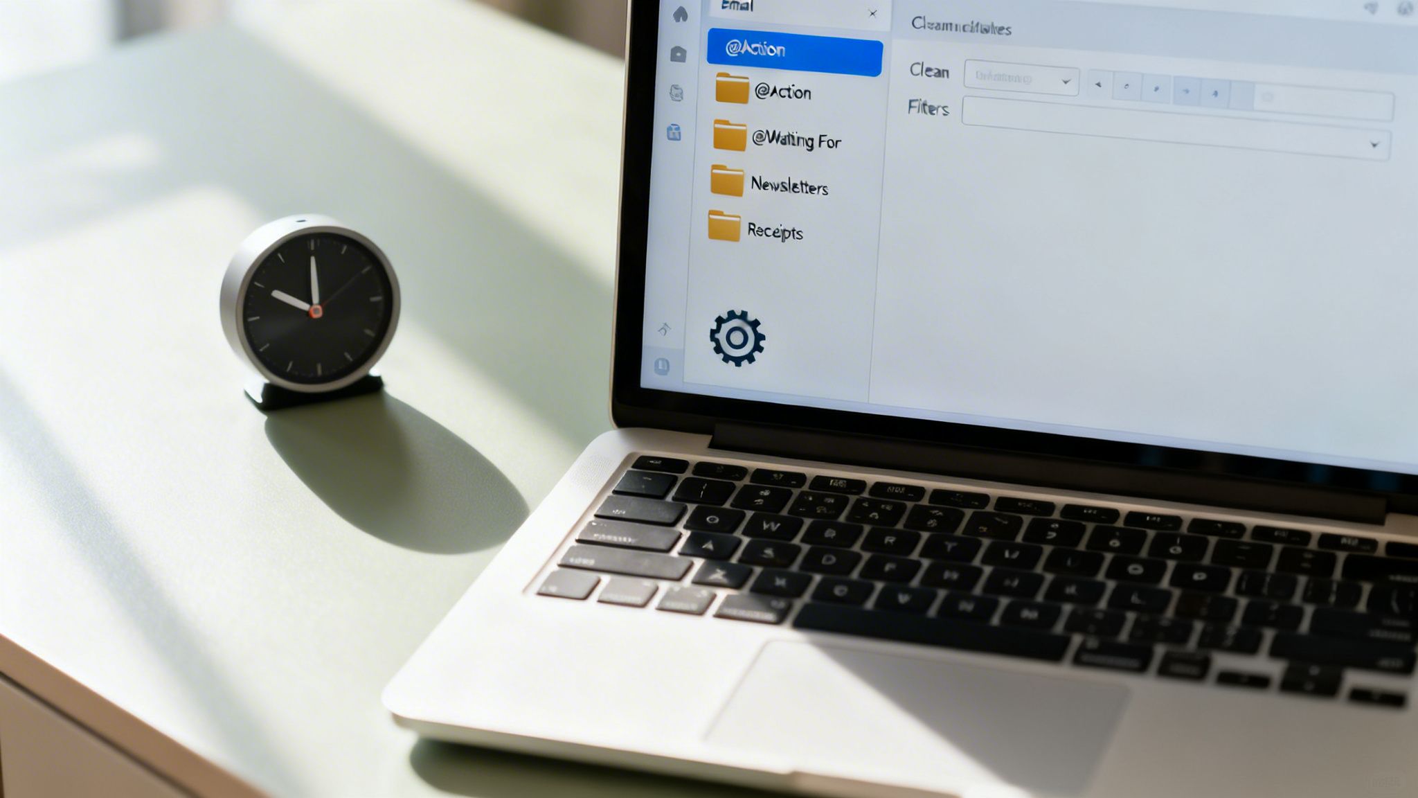 A laptop displaying an email client with organized folders and a clock on a bright desk.