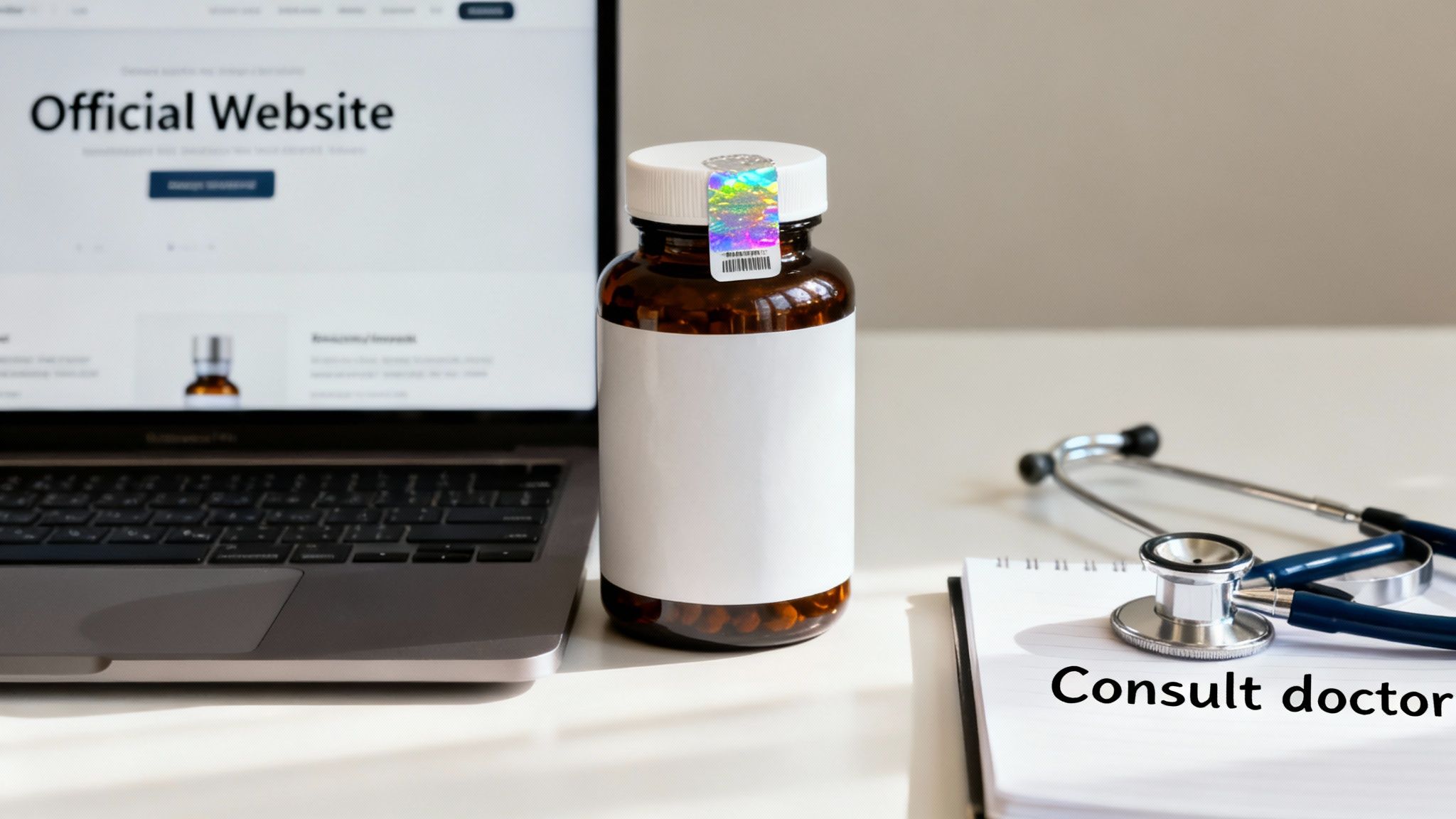 prostavive powder: laptop displaying the official website beside a medicine bottle with a hologram seal and a stethoscope on a “consult doctor” notepad