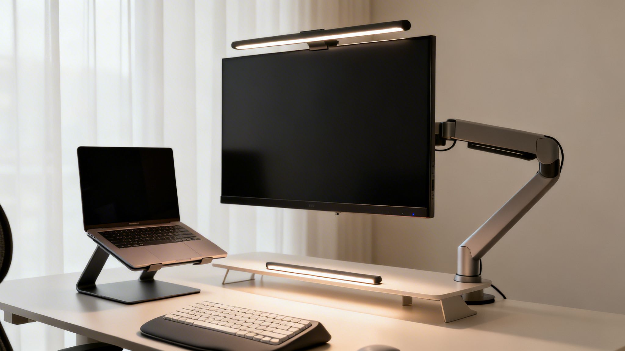 Modern minimalist home office with laptop, monitor, keyboard, and desk accessories set up to reduce digital eye strain.