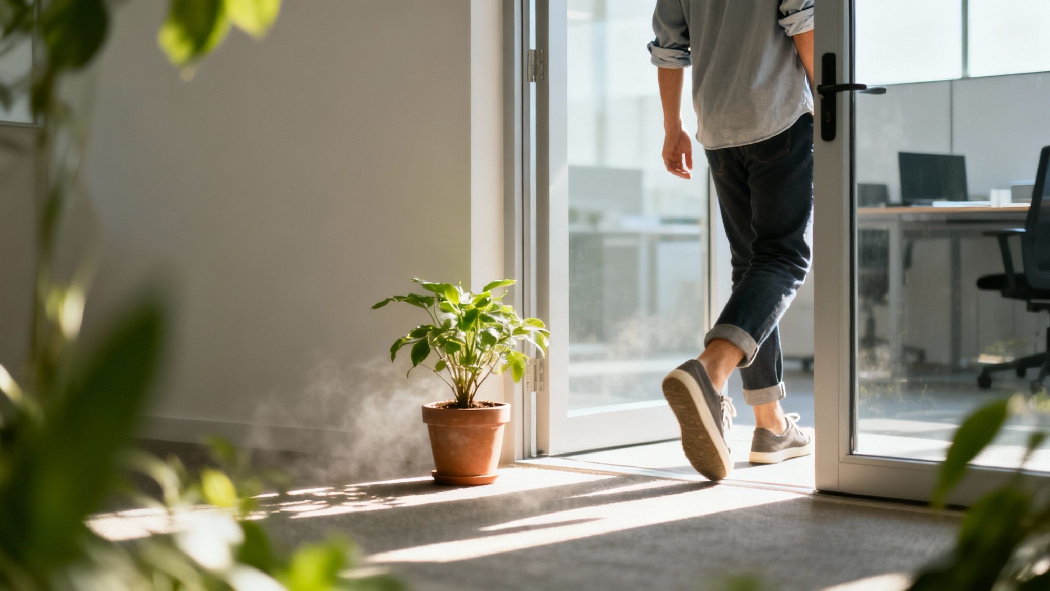 A person in jeans and sneakers walks into a sunlit office, passing a potted plant, illustrating how small breaks are key to managing energy not time.
