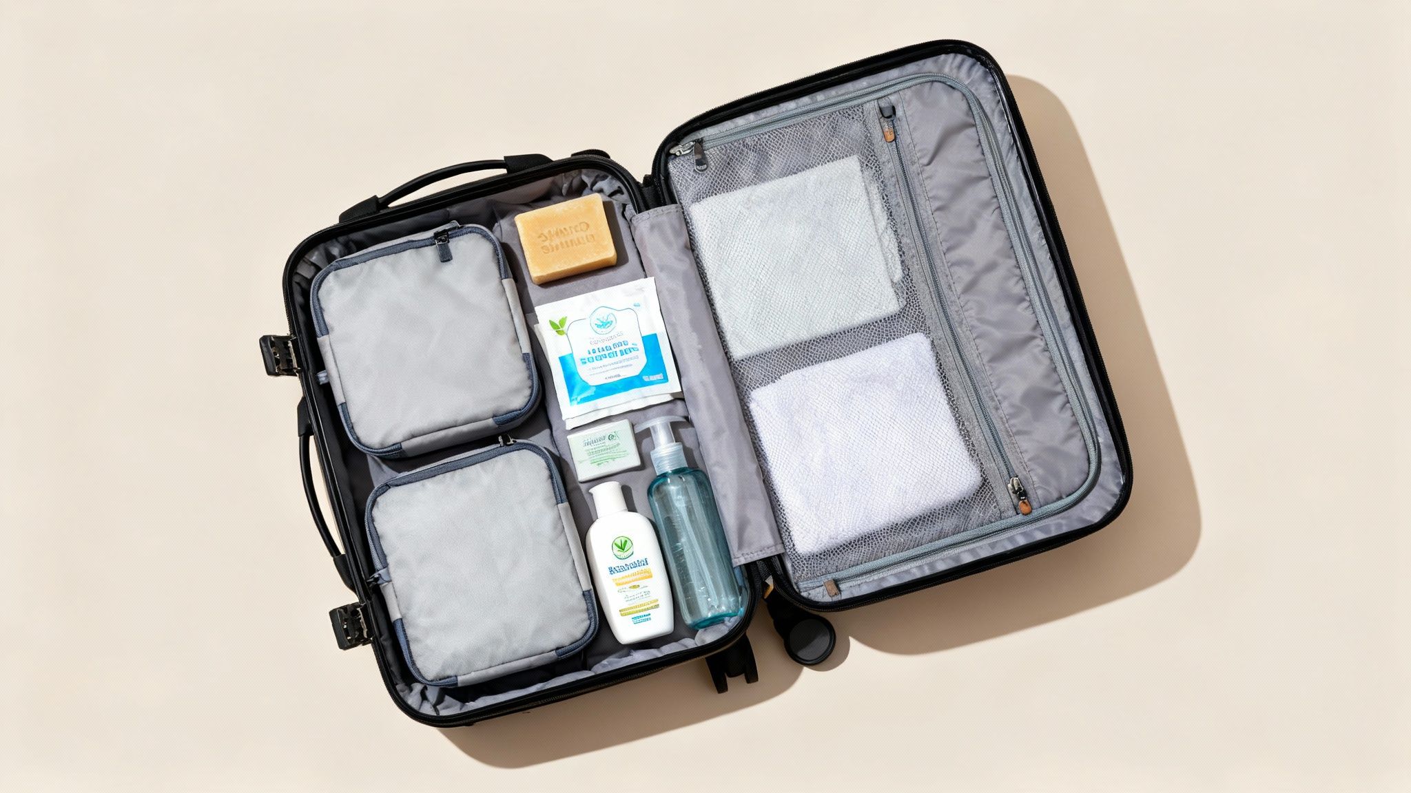 Open black suitcase neatly packed with grey packing cubes, soap, lotions, and white towels for ethical travel with minimal waste.