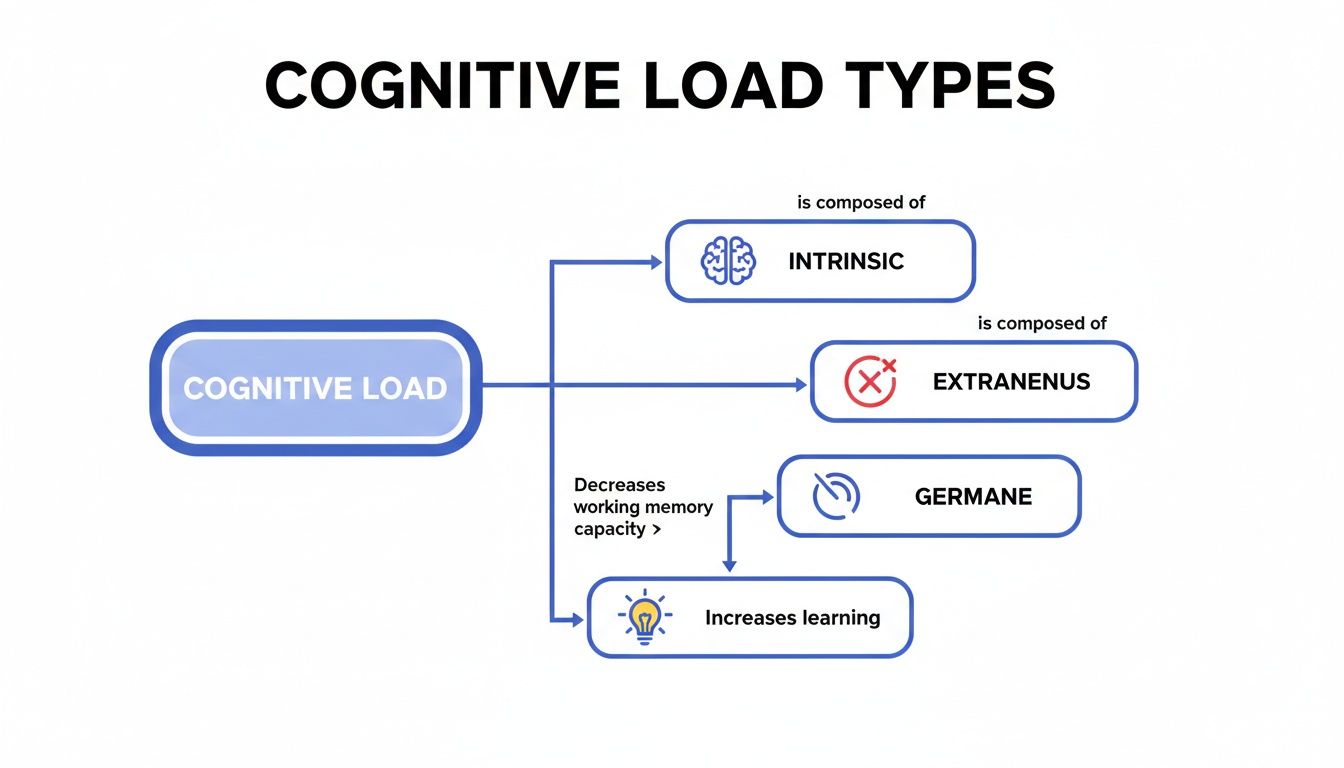 Flowchart detailing cognitive load types: intrinsic, extranenus, and germane, influencing memory and learning.