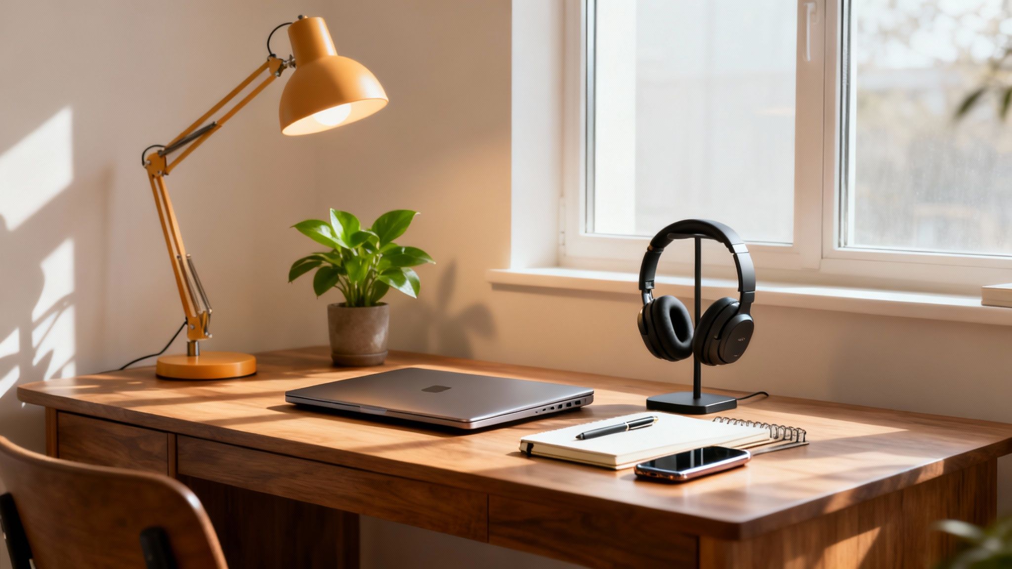 A well-lit home office desk with a laptop, lamp, headphones, and plant, an ideal environment for improving focus and concentration.