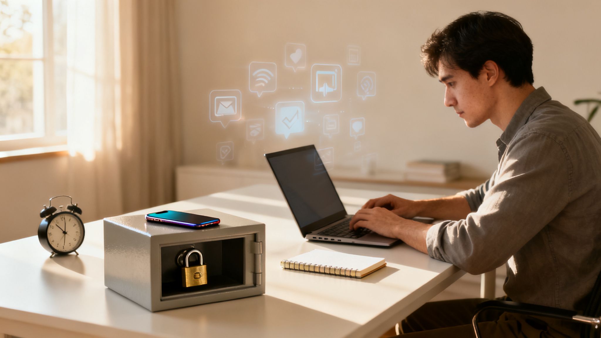 Man working on a laptop with floating digital icons above, while a safe, phone, and alarm clock sit on the desk—illustrating practical habits for how to do deep work.