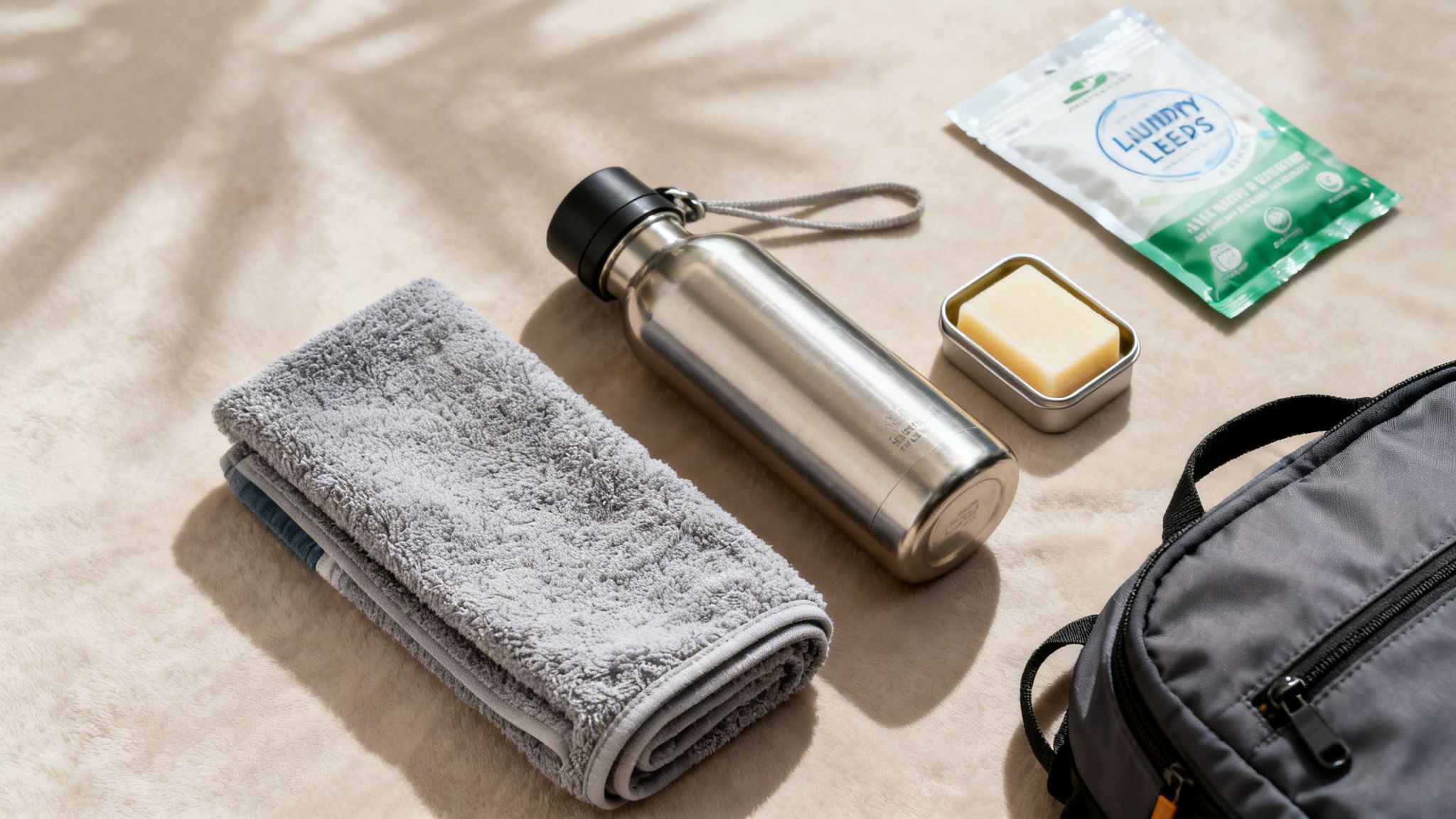 What is water waste in travel: stainless steel water bottle, folded towel, solid soap, and laundry detergent strips arranged as sustainable essentials.