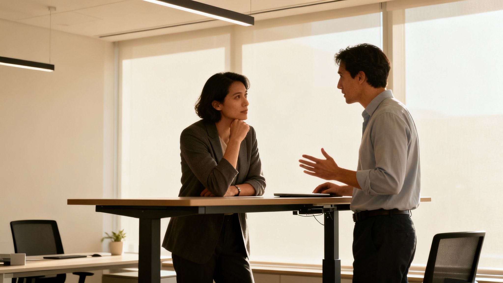 How to deal with anxiety at work: two colleagues discussing at an adjustable desk in a bright modern office.