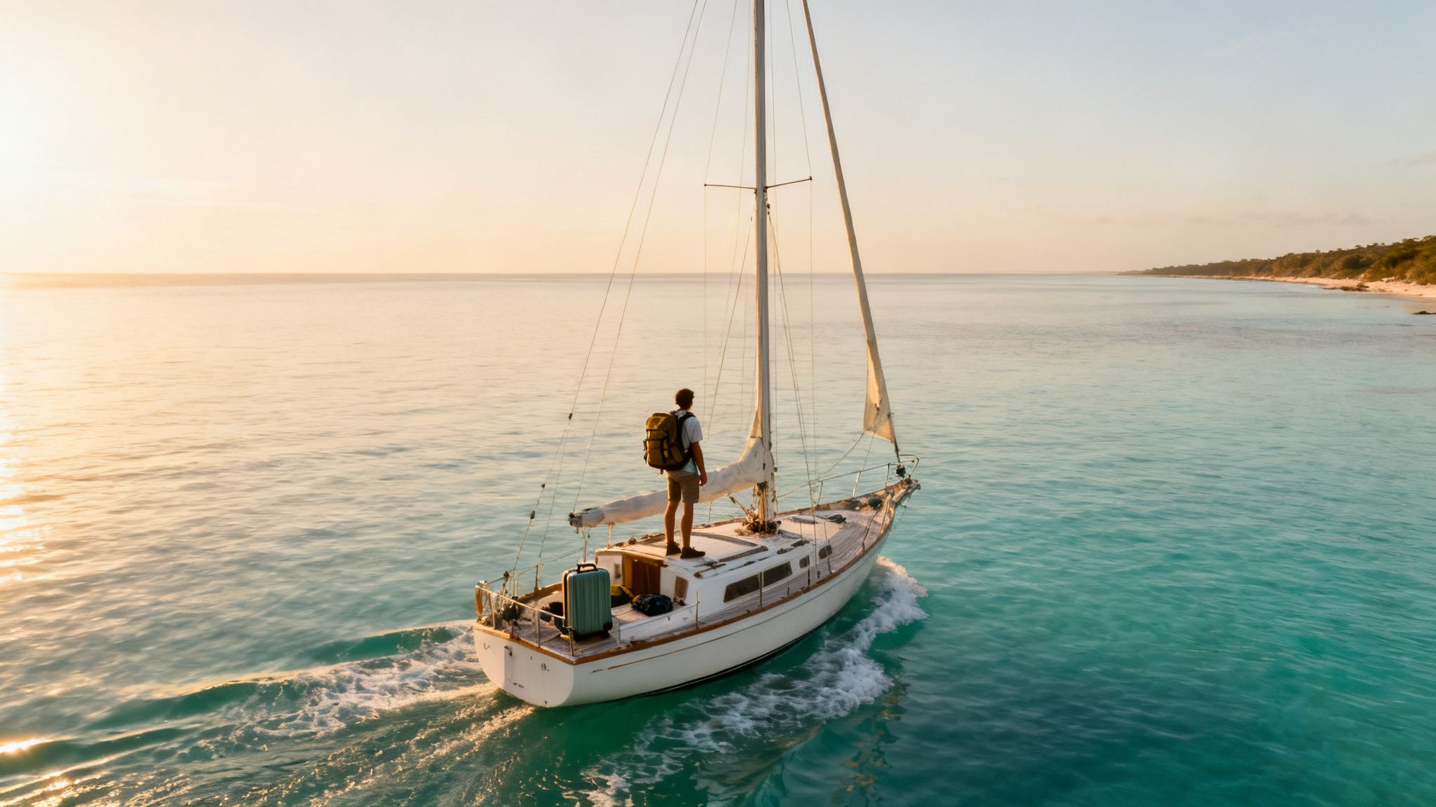 Backpacked traveler stands on a sailboat cruising turquoise water at sunset during a wind sailing adventure.