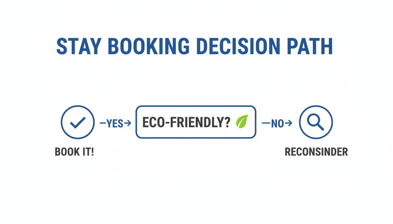 Decision path for booking accommodation: yes to eco-friendly means book it, no means reconsider.