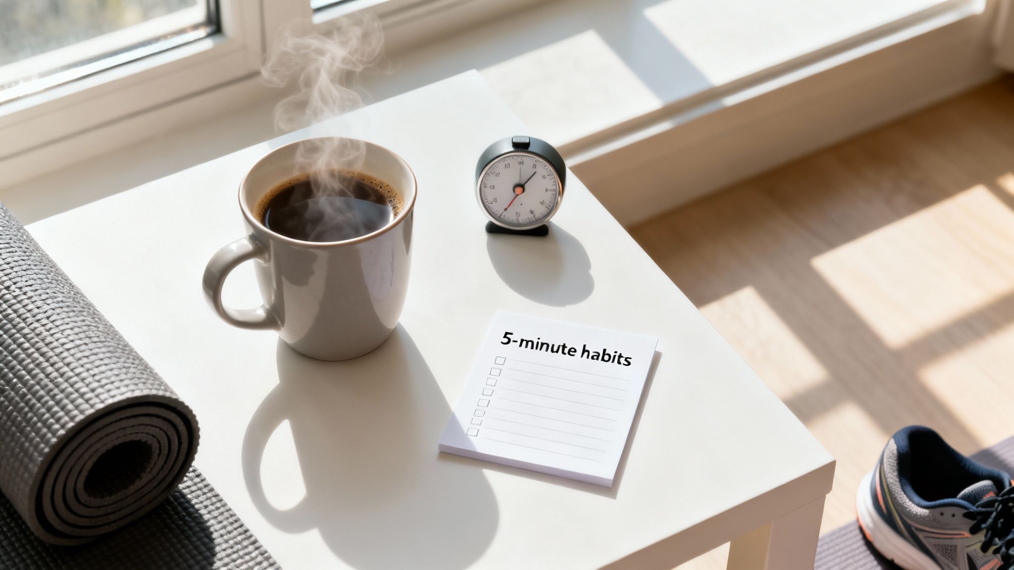 Morning routine with coffee, a timer for 5-minute habits, and a yoga mat, key for building habits on how to manage chronic stress.