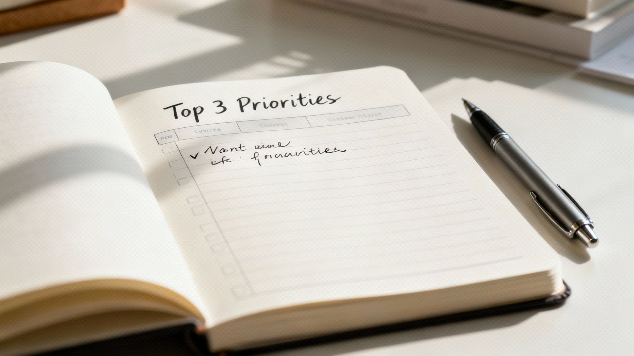 An open journal for productivity with 'Top 3 Priorities' written, a checked item, and a pen.