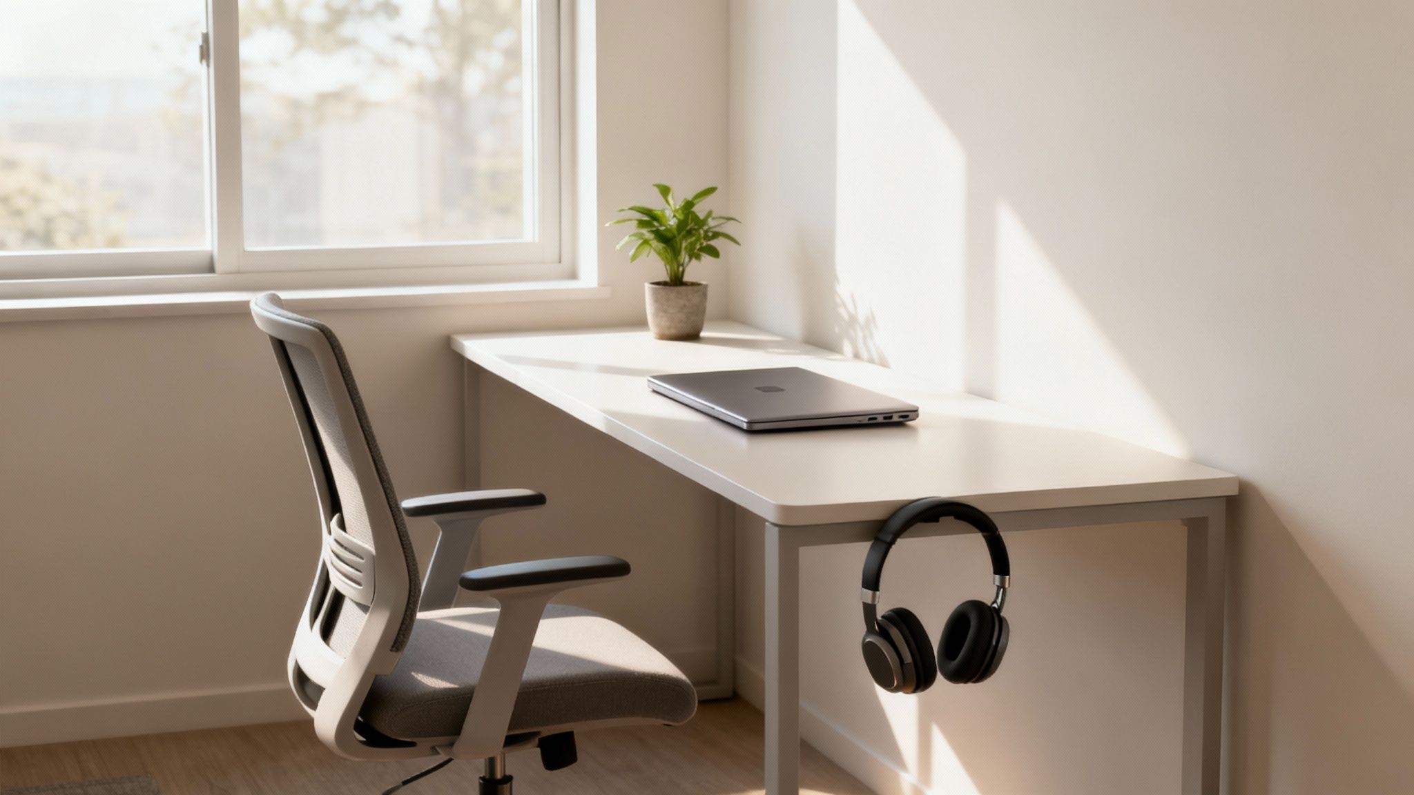 A bright and modern home office serves as one of the best remote work best practices.