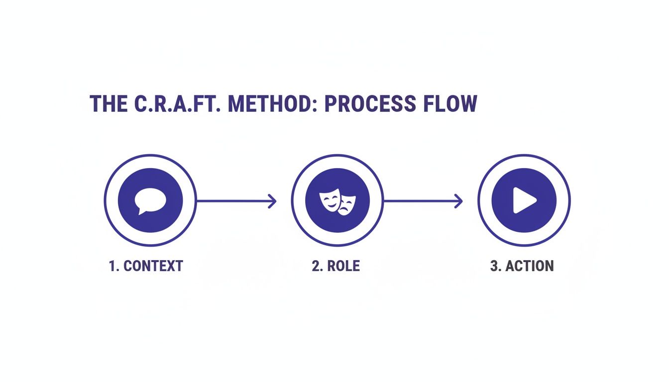 A process flow diagram illustrating the C.R.A.F.T. method, detailing steps for Context, Role, and Action.