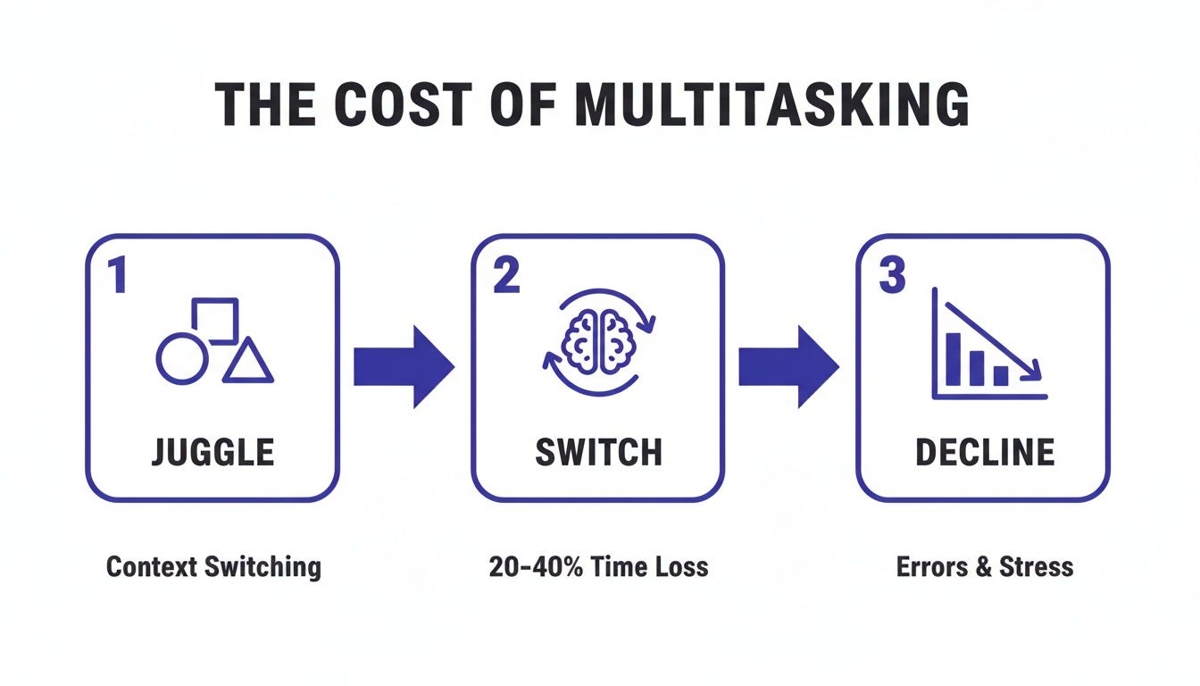 An infographic shows the three costs of multitasking: juggling tasks, switching focus, and resulting in decline, errors, and stress, which is a key concept in how to stop multitasking.