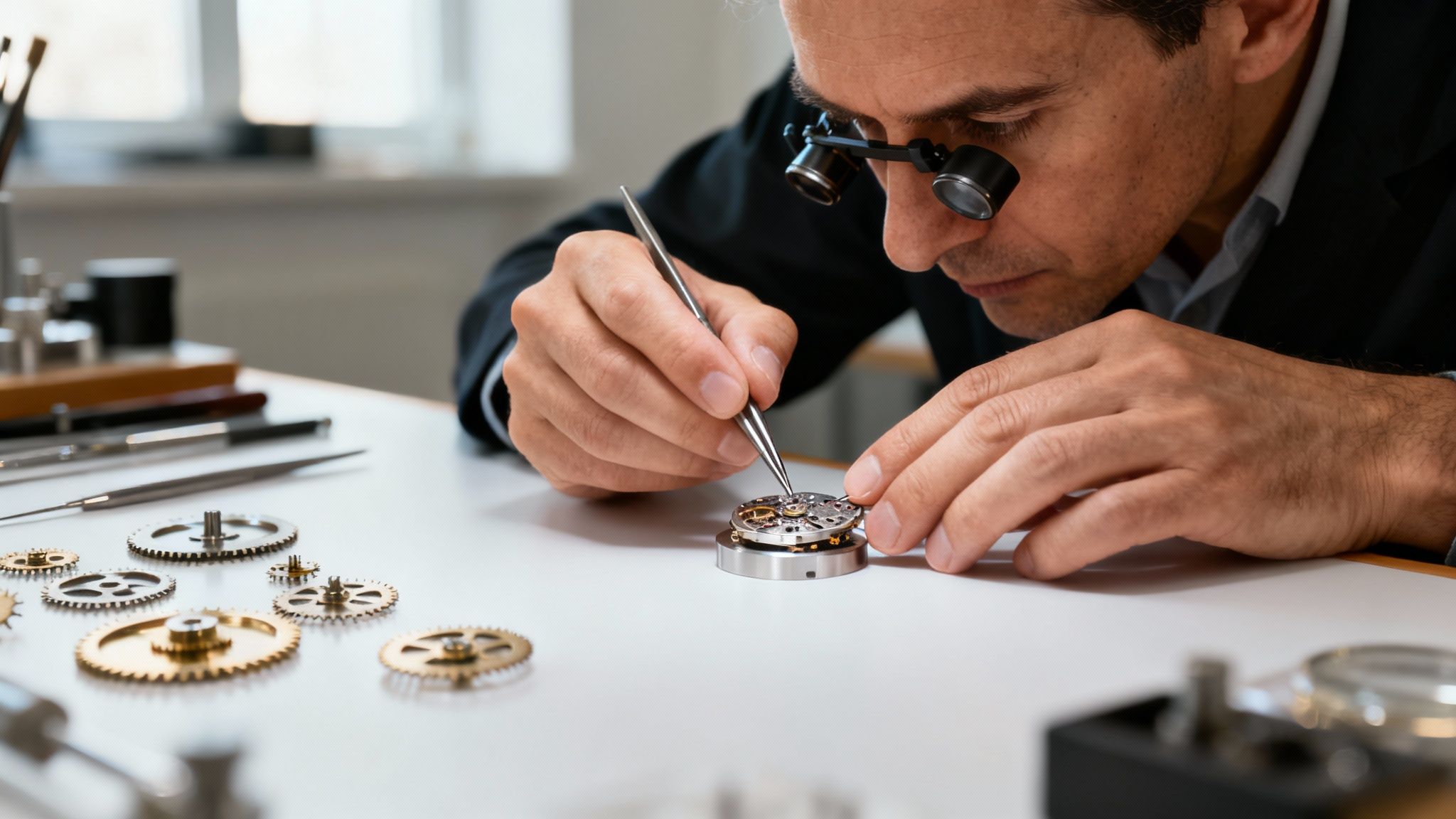 what is deep work: skilled watchmaker assembling a watch movement with tweezers and magnifiers at a focused workbench