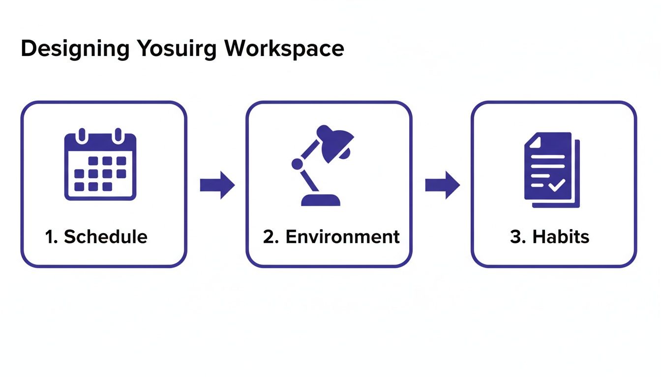 A three-step diagram for designing a productive workspace including schedule, environment, and habits.