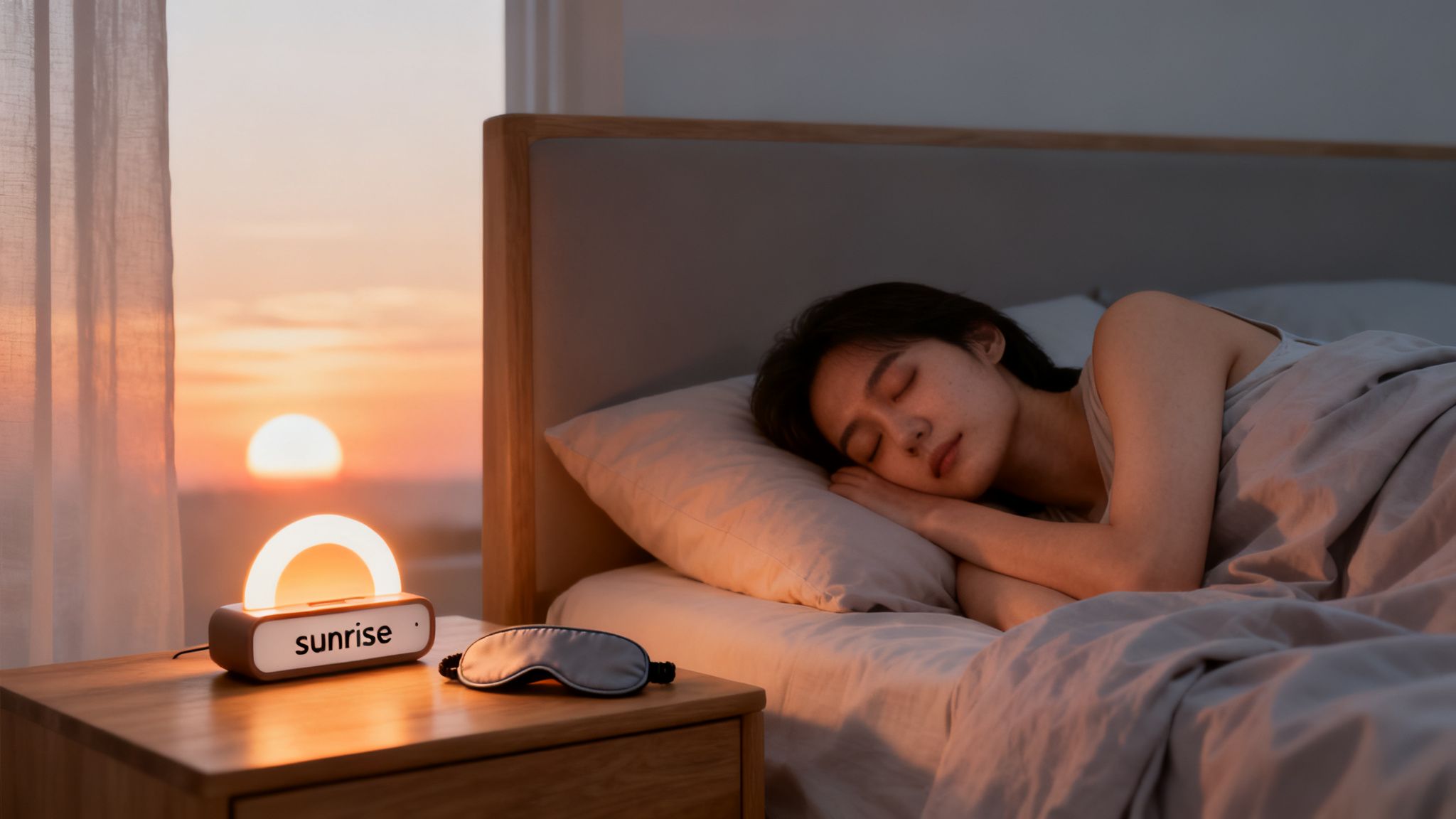 Woman sleeping peacefully as a sunrise alarm clock and real morning light fill the room, highlighting social media detox benefits like calmer nights and easier wake-ups.