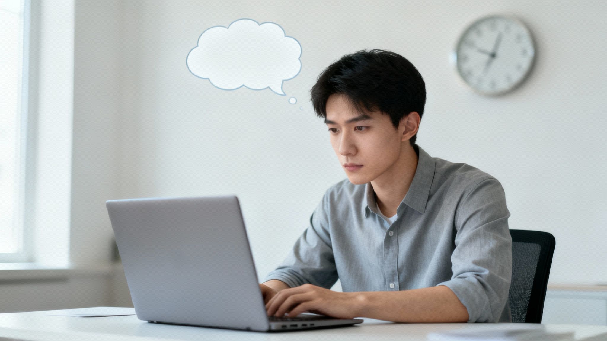 A thoughtful Asian man sits at a desk, typing on a laptop, with a blank thought bubble, experiencing blank mind syndrome.