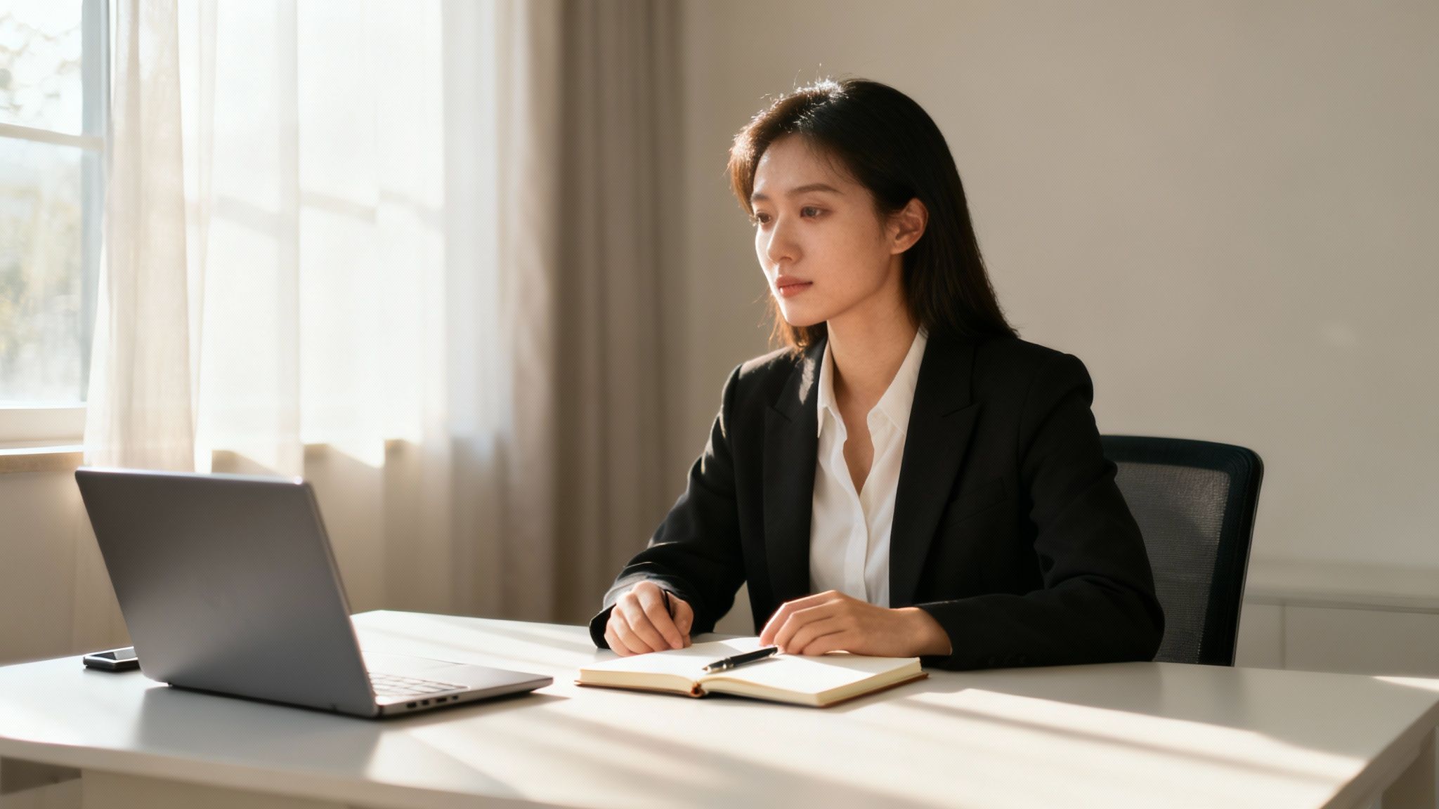 A young Asian woman in a black suit works diligently on a laptop at a sunlit desk, demonstrating how to train your brain to focus.
