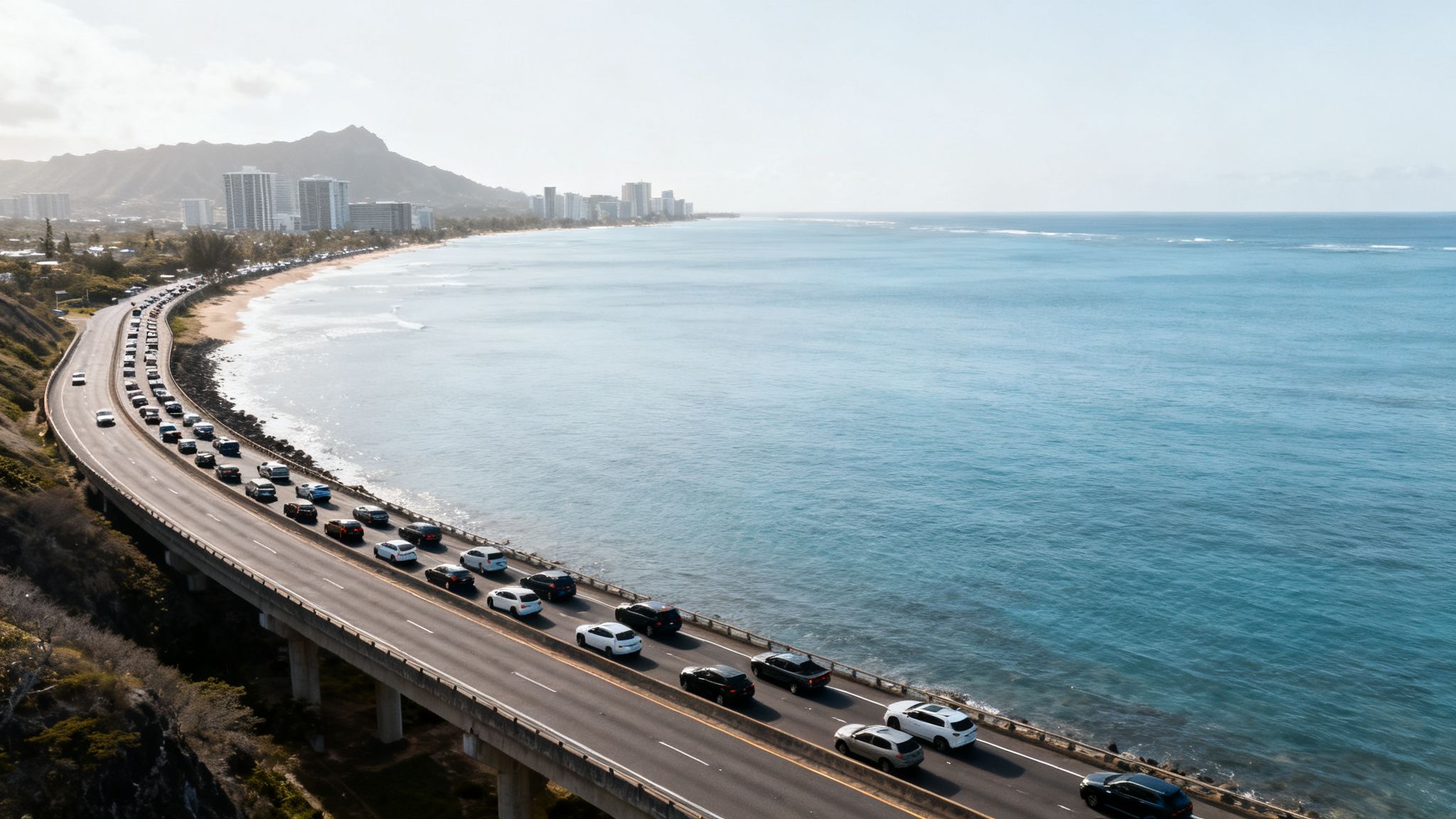 is it ethical to travel to hawaii right now: aerial view of traffic on a coastal highway beside a Hawaiian beach, turquoise ocean, and mountain ridges.