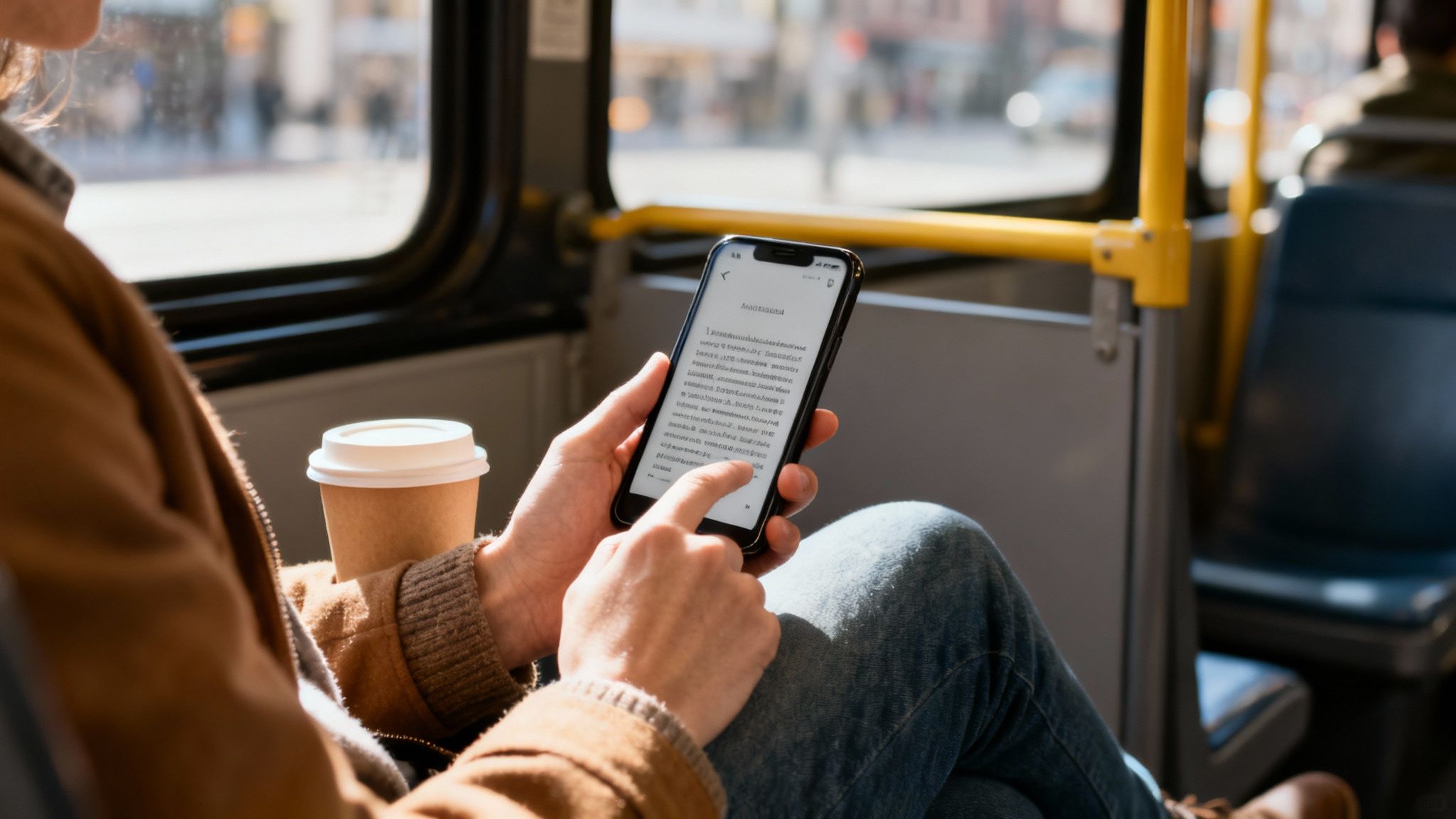 A person rides a bus while reading **Kindle books on Amazon** on their smartphone, with a coffee cup nearby.
