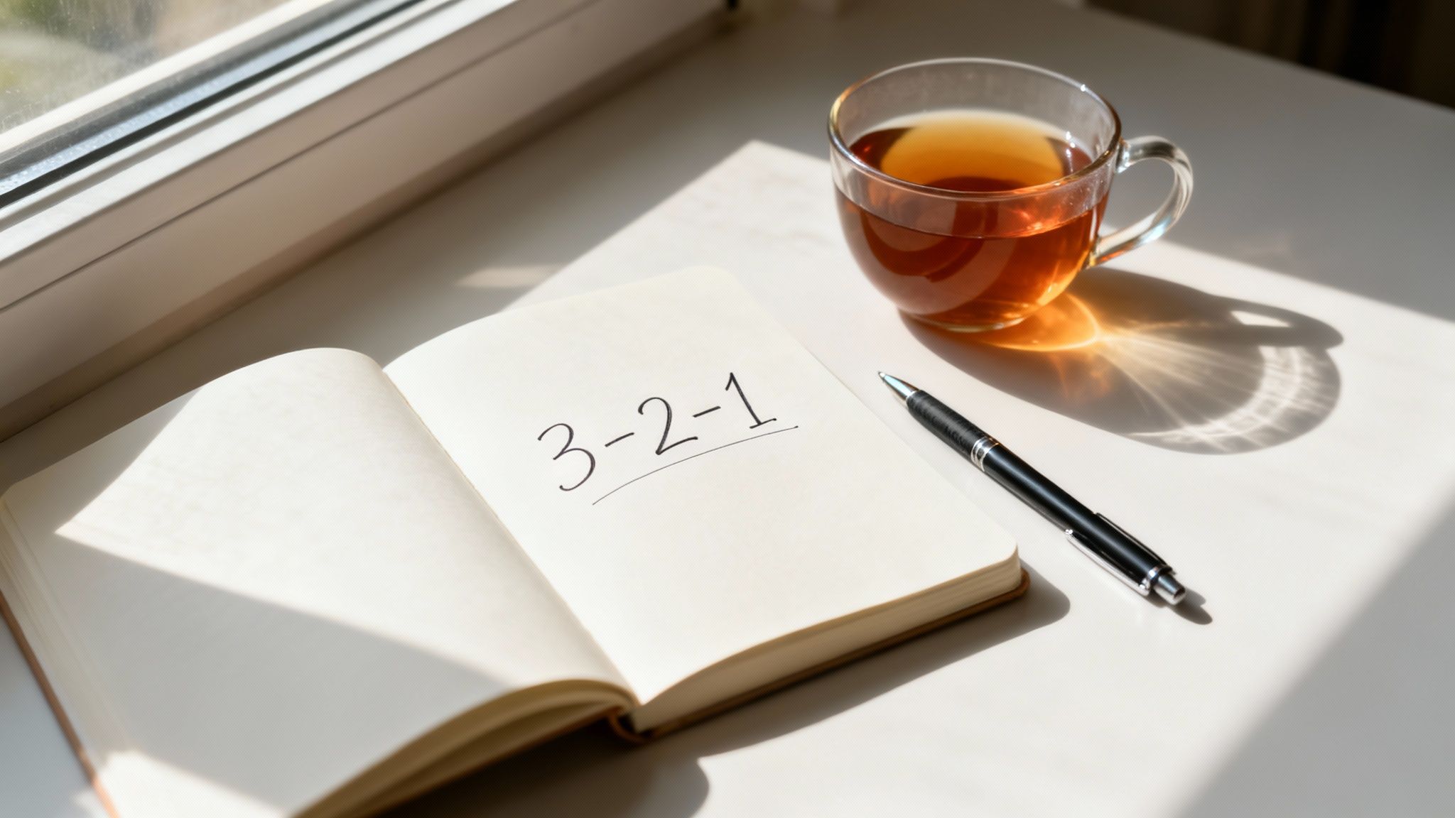 Open notebook with “3-2-1” written beside a pen and a cup of tea by a bright sunlit window, illustrating how to deal with loneliness through a simple weekly connection plan.