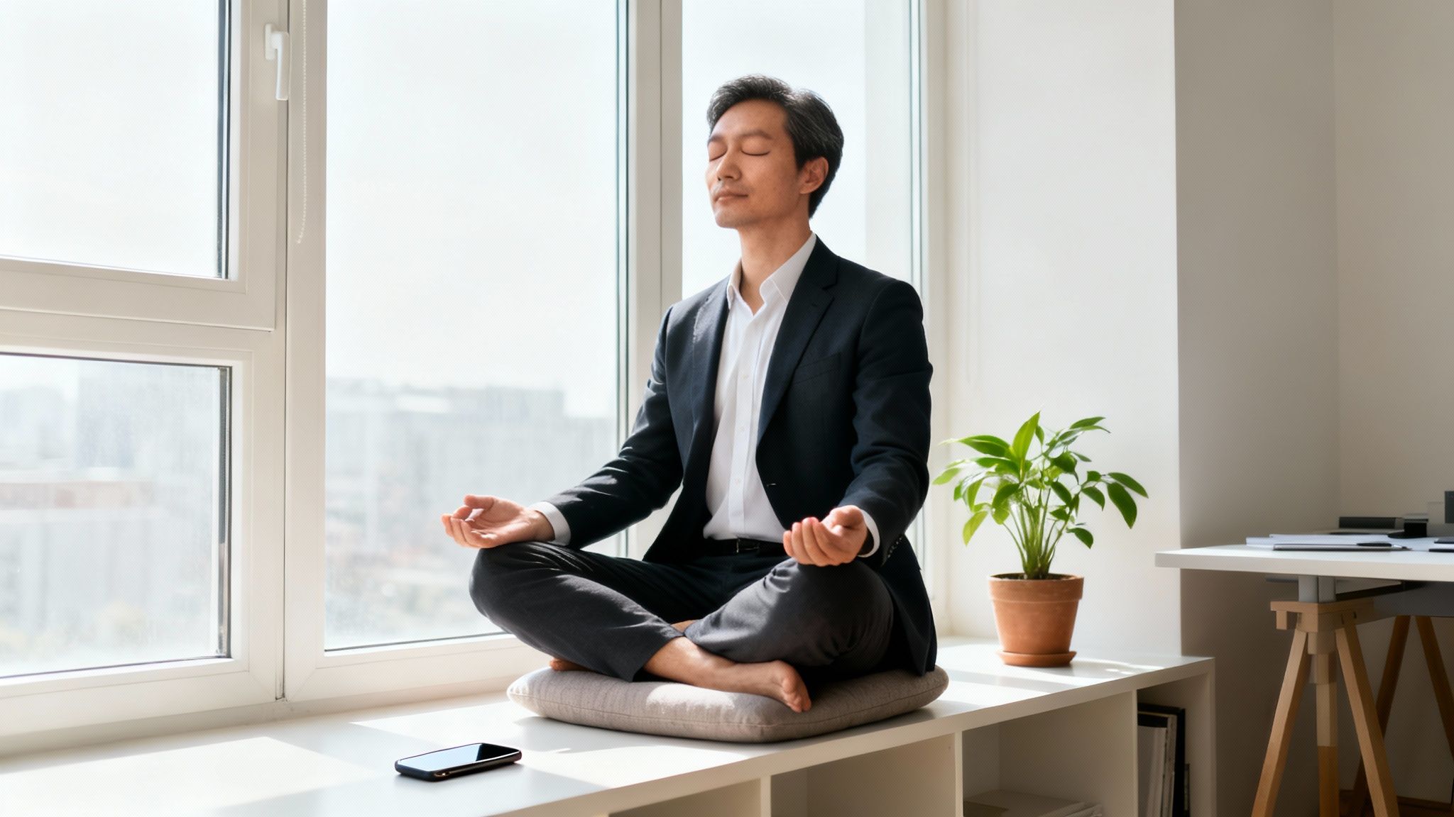 Asian businessman in a suit meditating on a bright windowsill, promoting workplace stress management techniques and wellness.