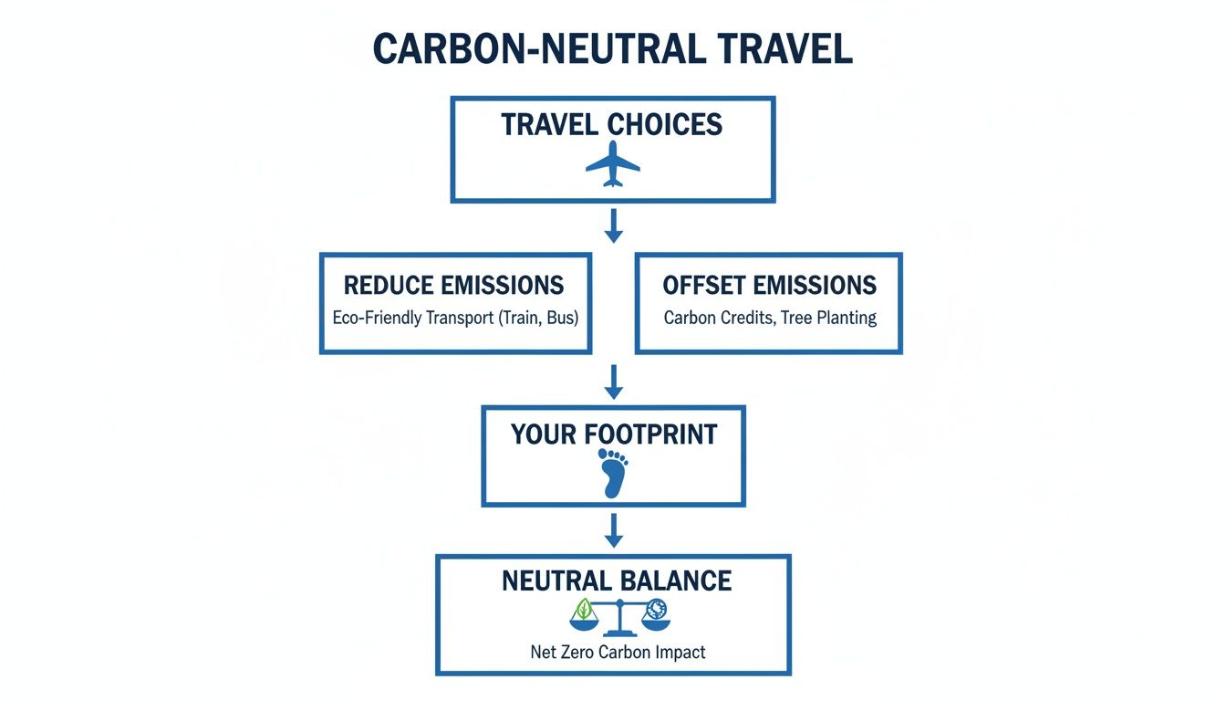 Flowchart explaining carbon-neutral travel, detailing emission reduction, offsetting, and achieving a net-zero impact.