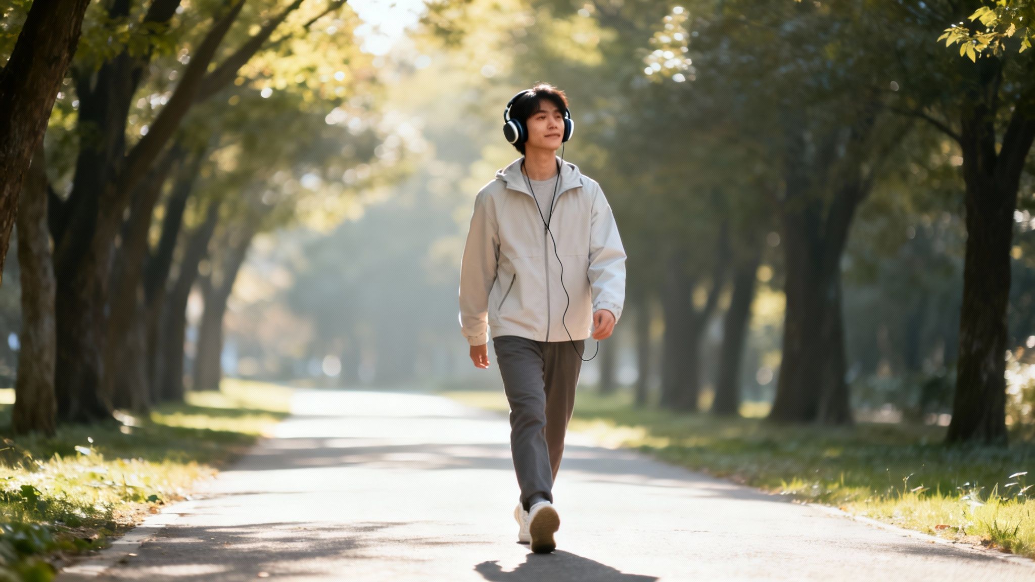 A young man walks peacefully down a tree-lined path wearing headphones and a light jacket, demonstrating how to deal with loneliness with a calming outdoor reset.

