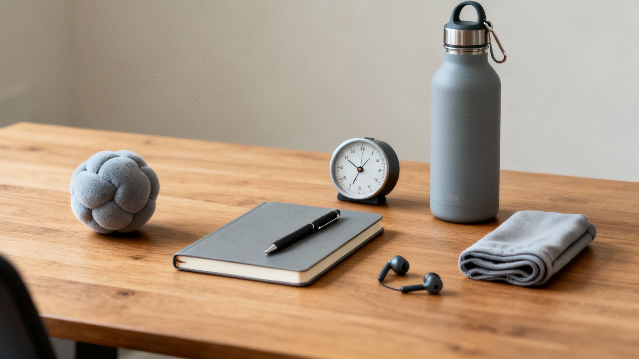 A neatly arranged wooden desk with a grey stress ball, notebook, clock, water bottle, and earphones, illustrating tools for how to manage chronic stress.